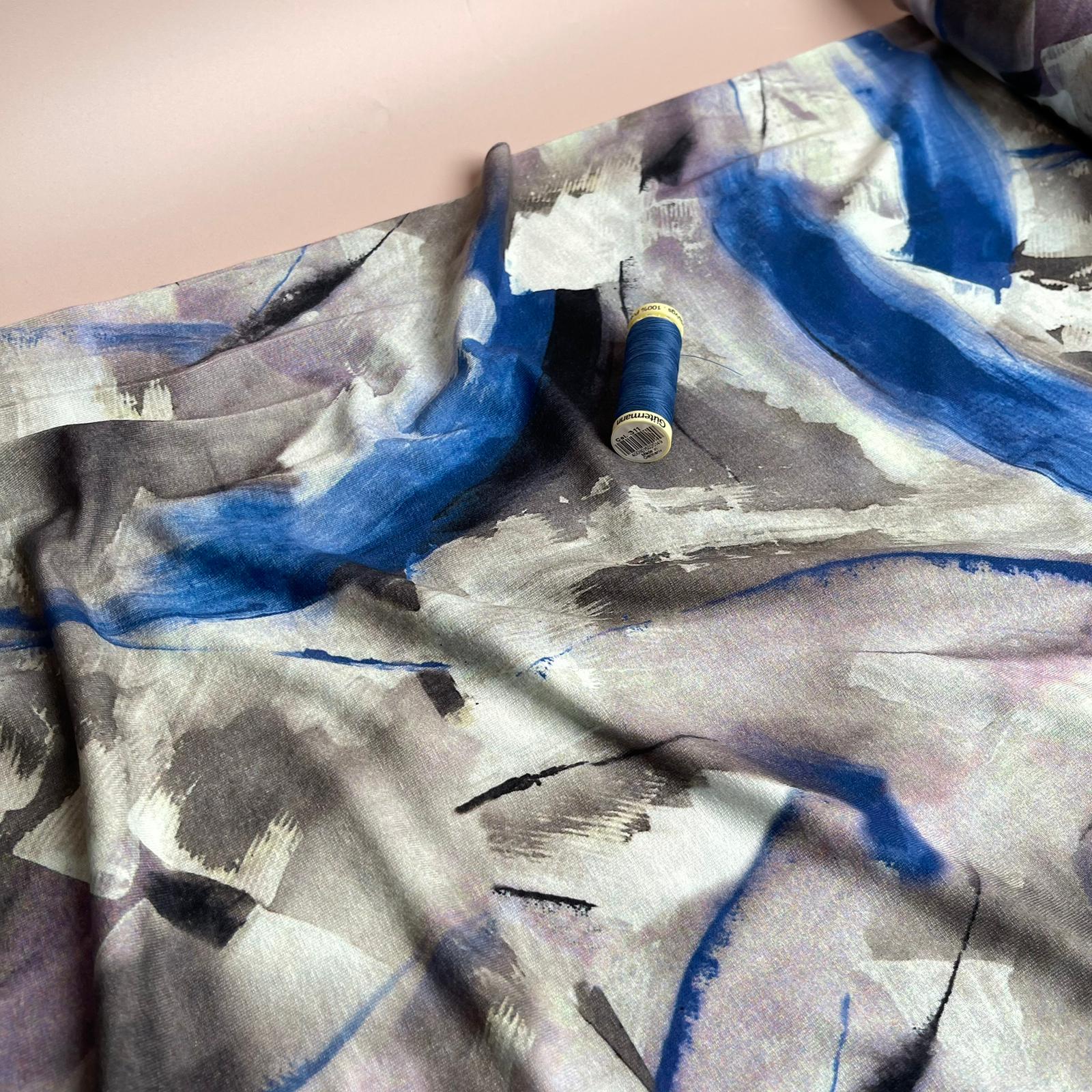 REMNANT 2.57 Metres - Abstract Painting in Cobalt and Grey Viscose Jersey Fabric