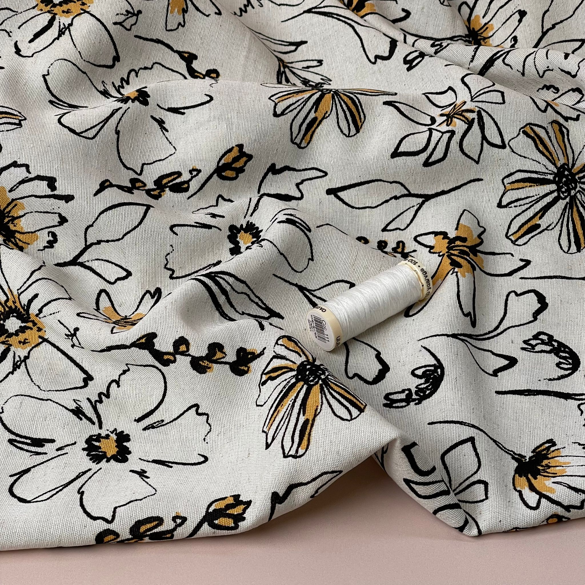 REMNANT 1.56 Metres - Sketched Flowers Yellow Viscose Linen Fabric