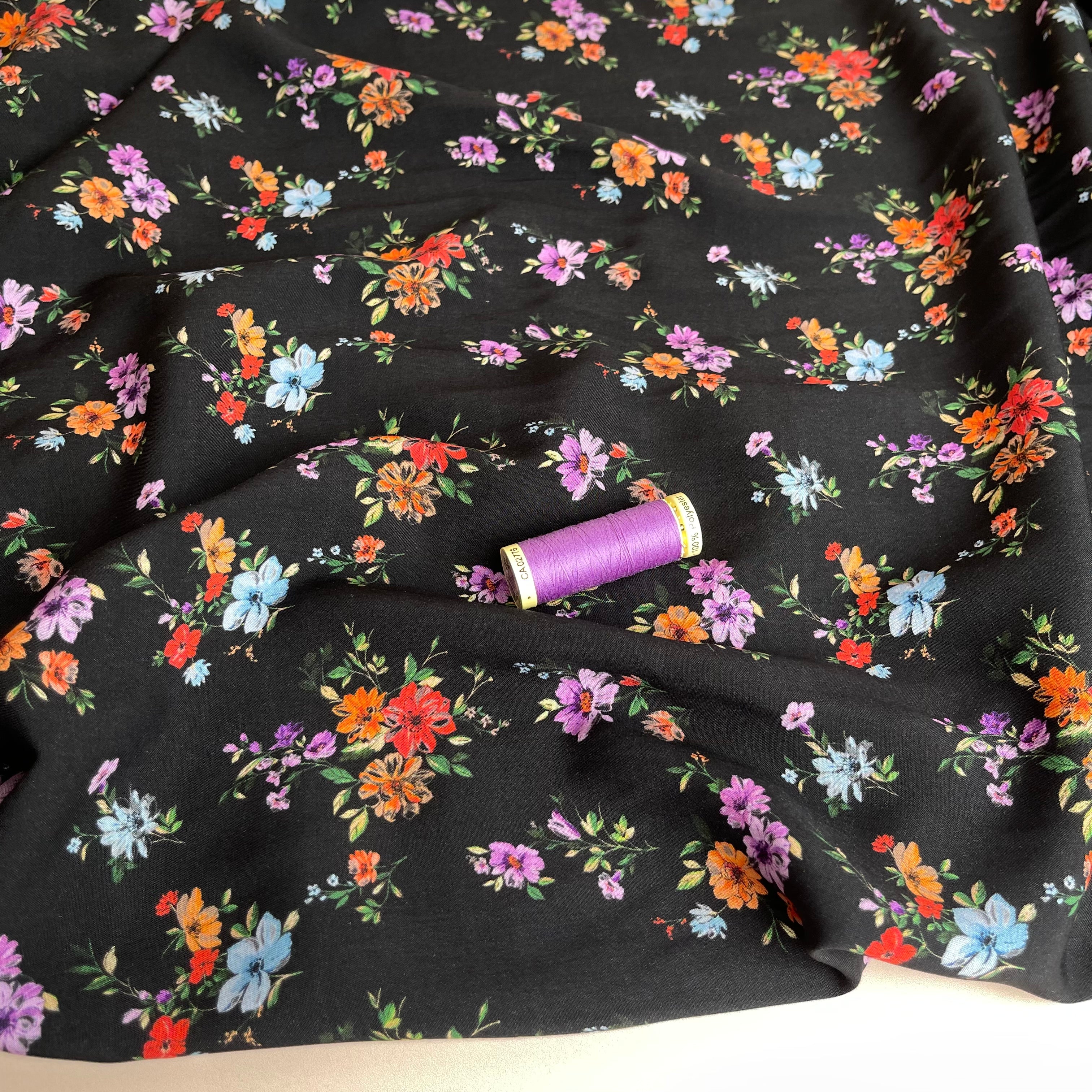Flower Bouquets on Black Viscose Fabric