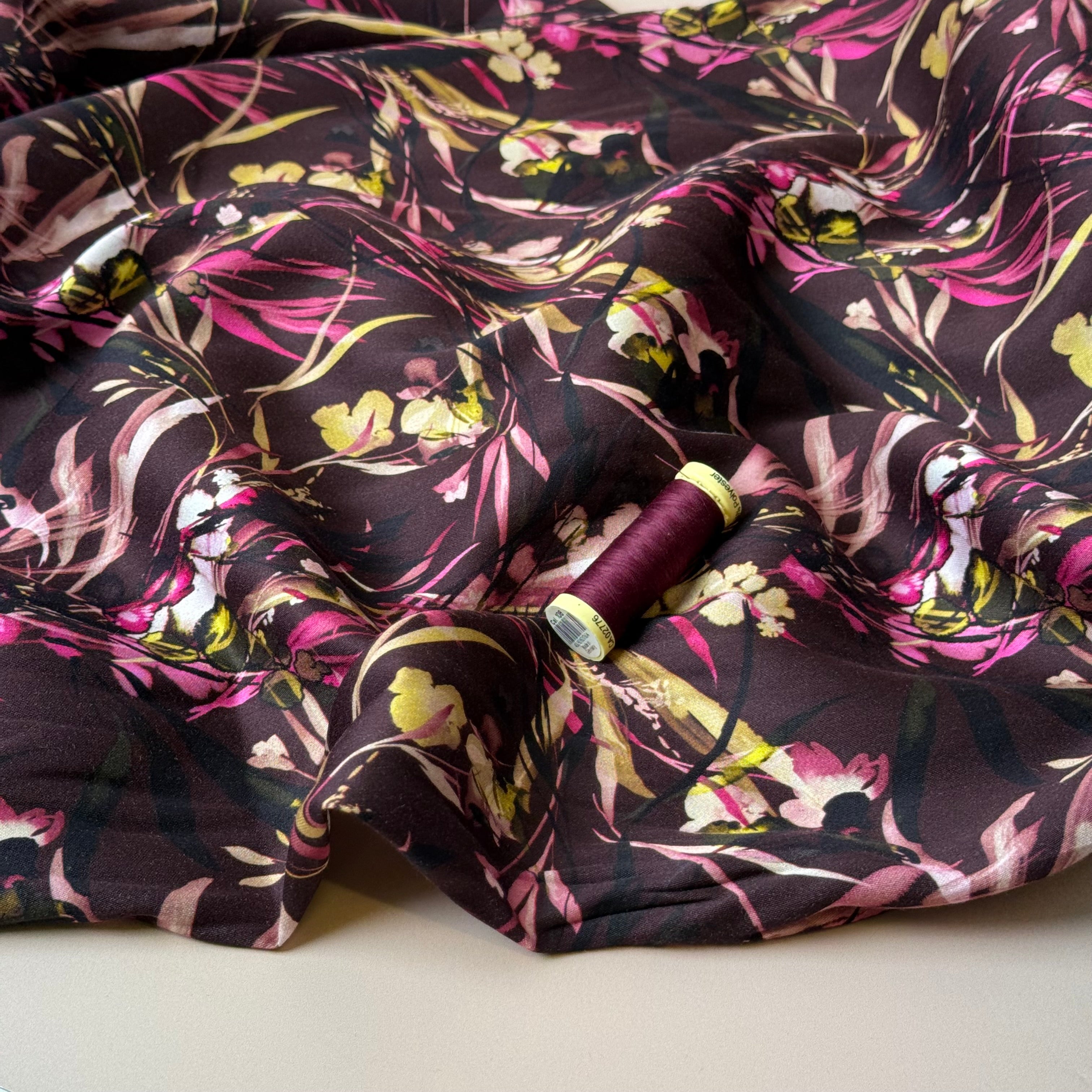 Autumn Foliage Aubergine Viscose Sateen Fabric