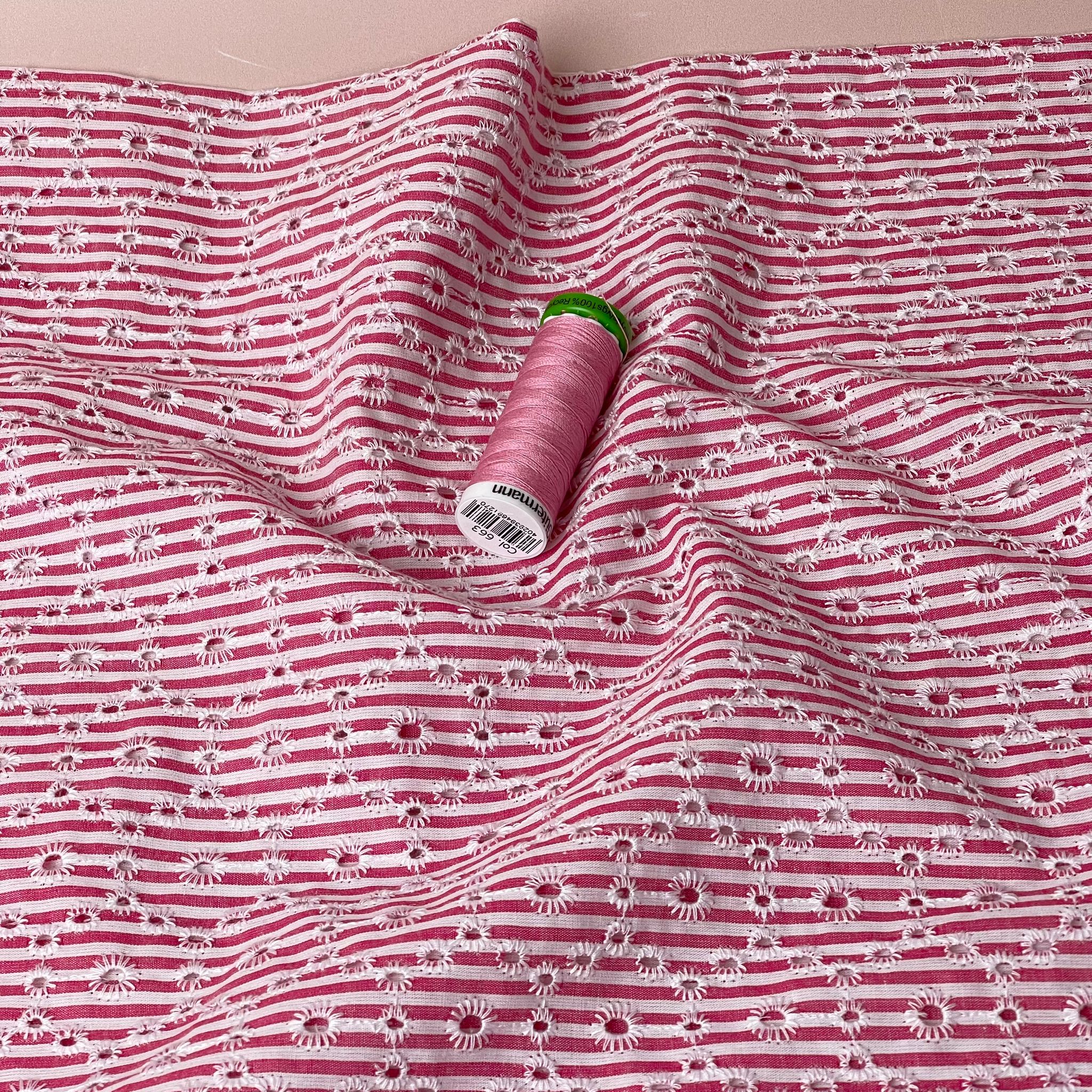 Candy Pink Striped Broderie Anglaise Cotton Fabric