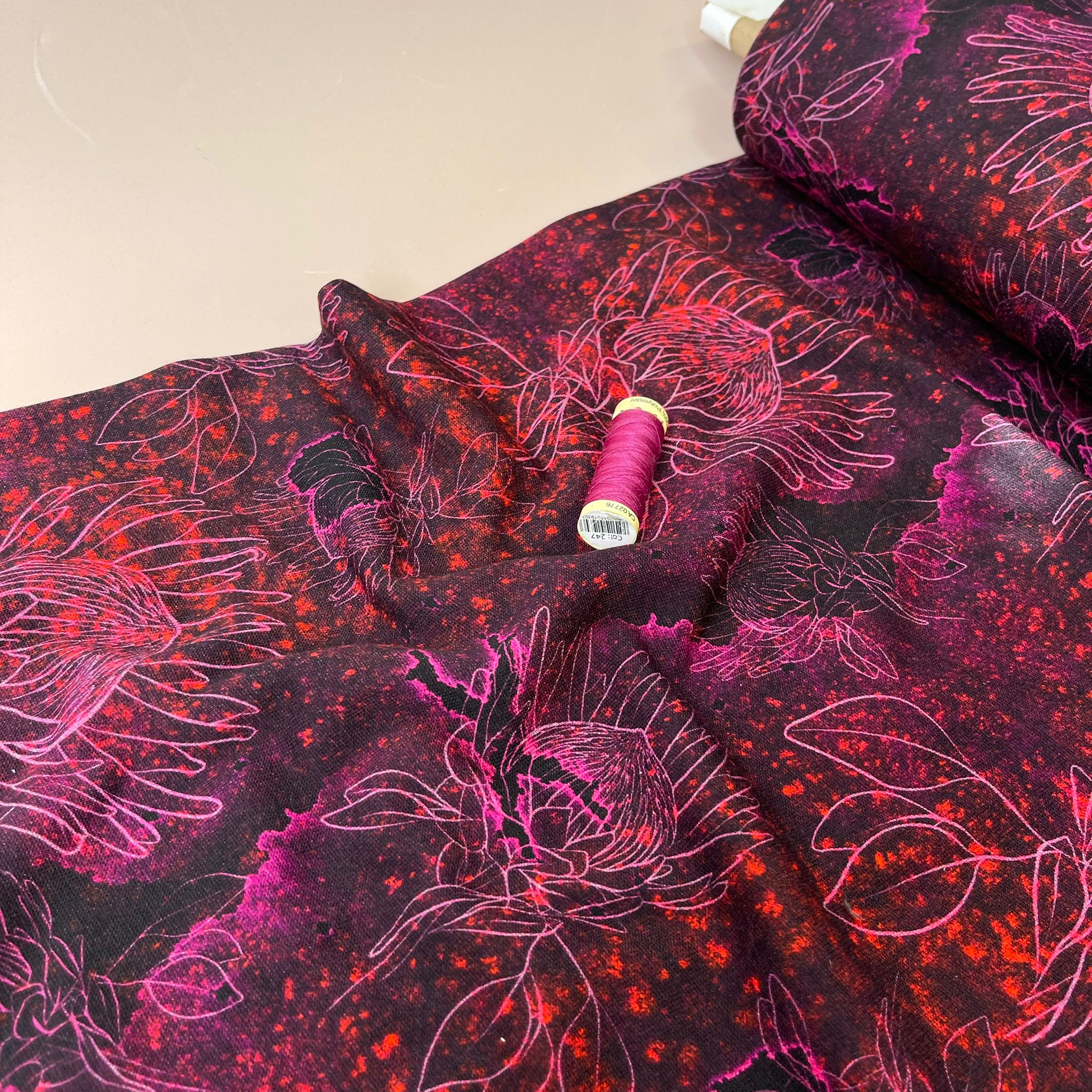 Pink Blooms on Burgundy Pure Cotton French Terry