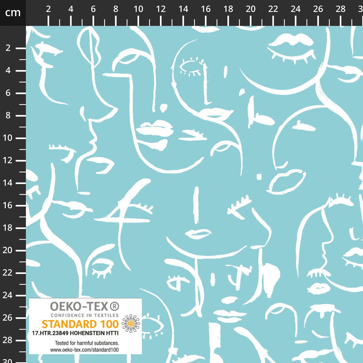 Danish Design - Painted Faces on Turquoise Cotton Jersey Fabric