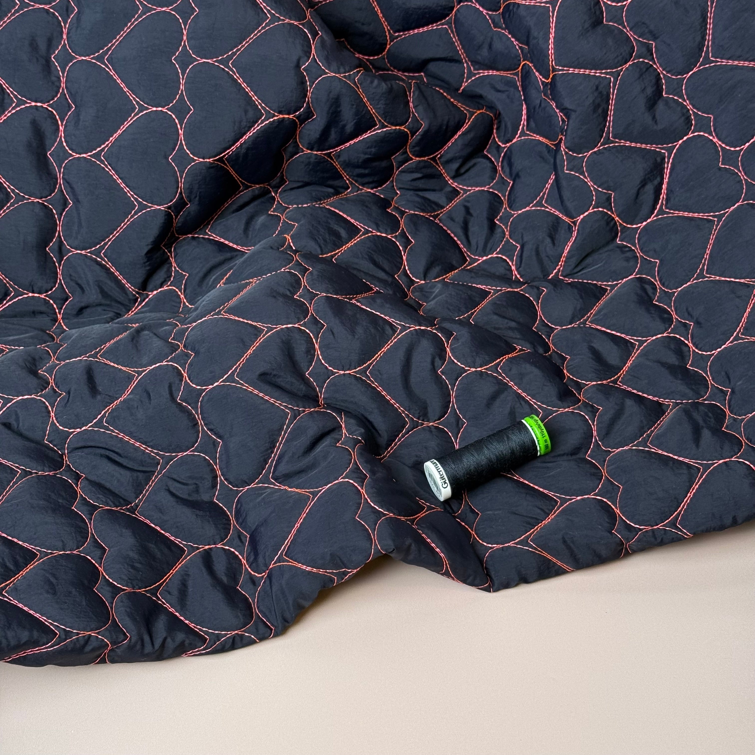 Hearts on Black Quilted Fabric