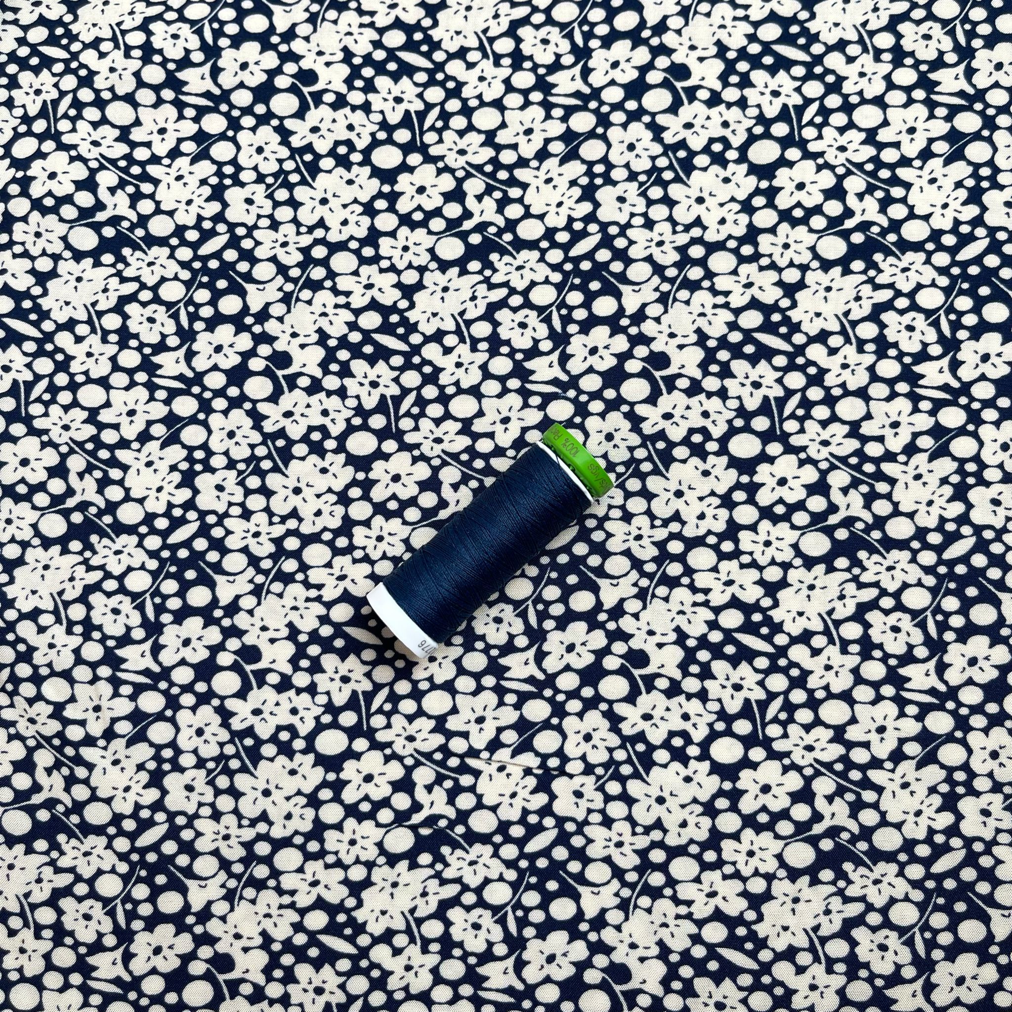 REMNANT 0.33 Metres - Off-White Floral Field on Dark Navy Viscose Fabric