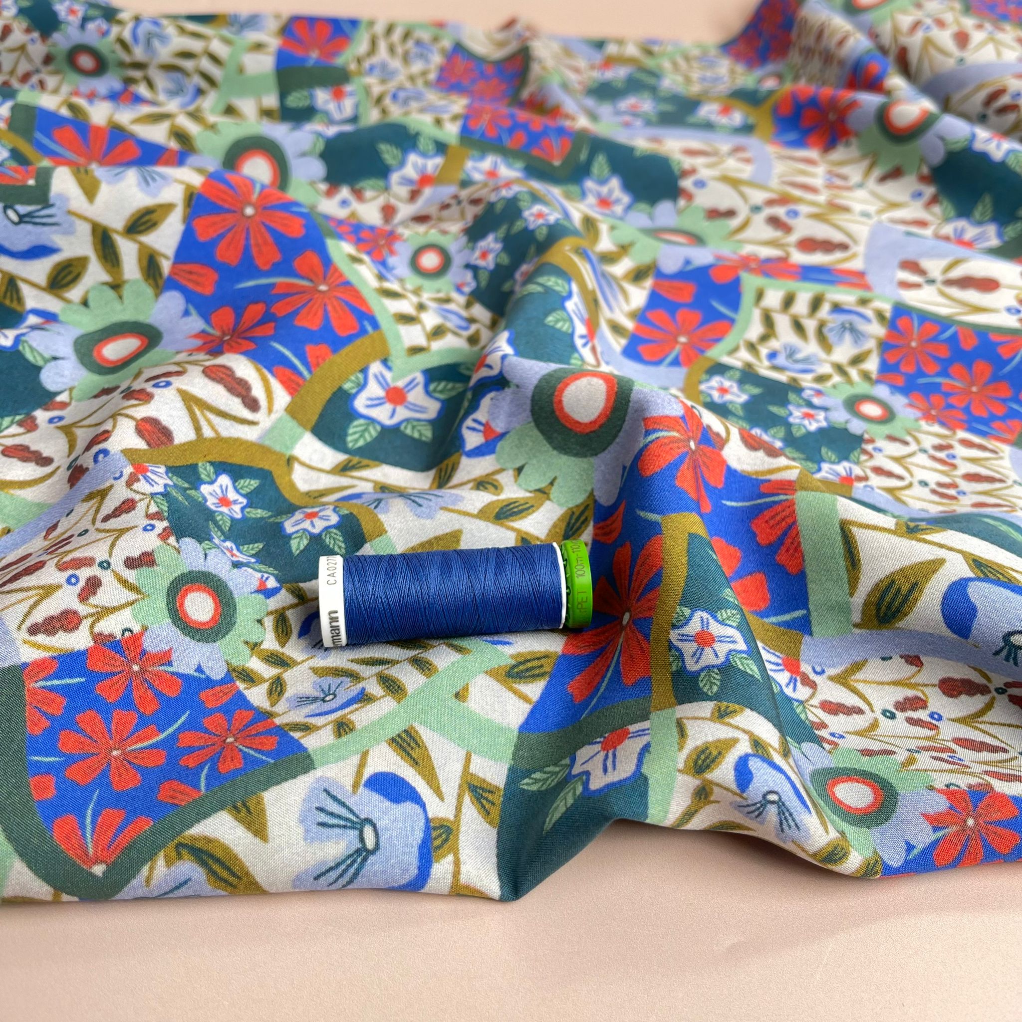 Floral Patchwork Print in Blue and Red Viscose Fabric