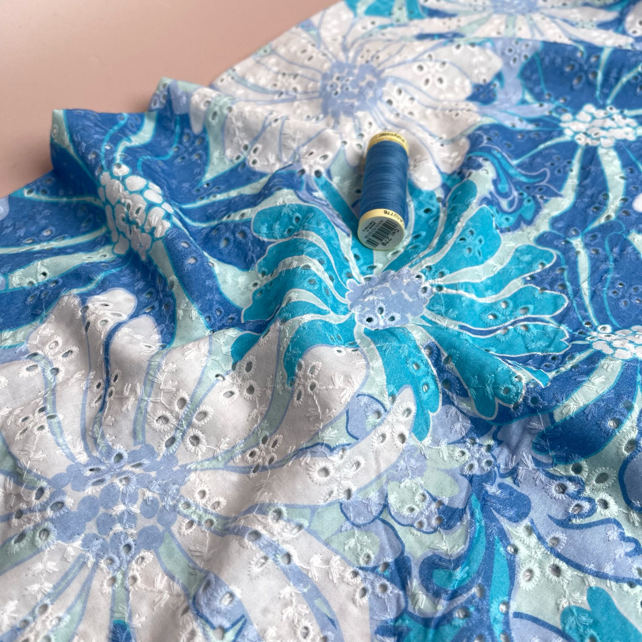 Aqua Flowers Cotton Broderie Anglaise