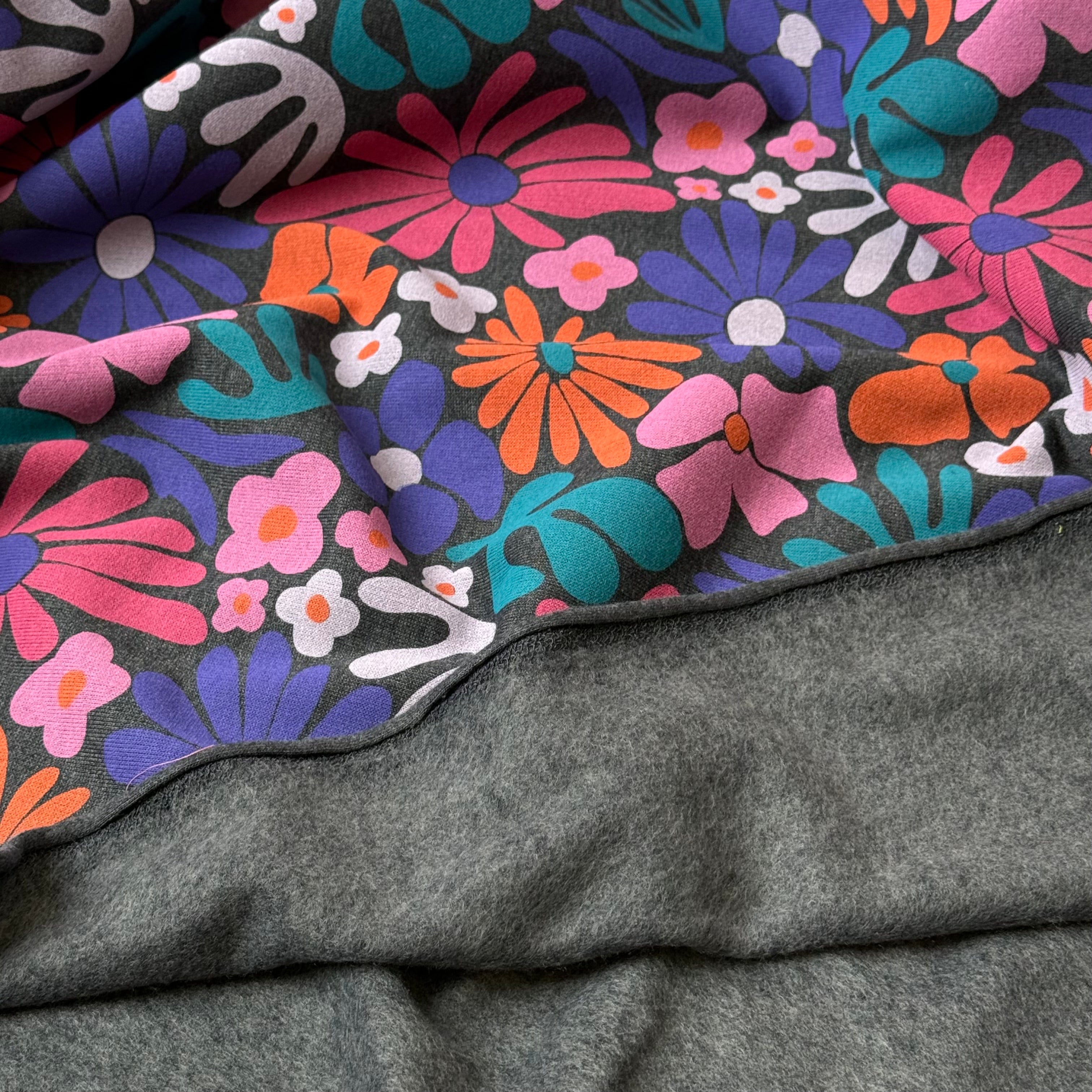Flowers on Melange Grey Cotton Sweat-shirting Fabric