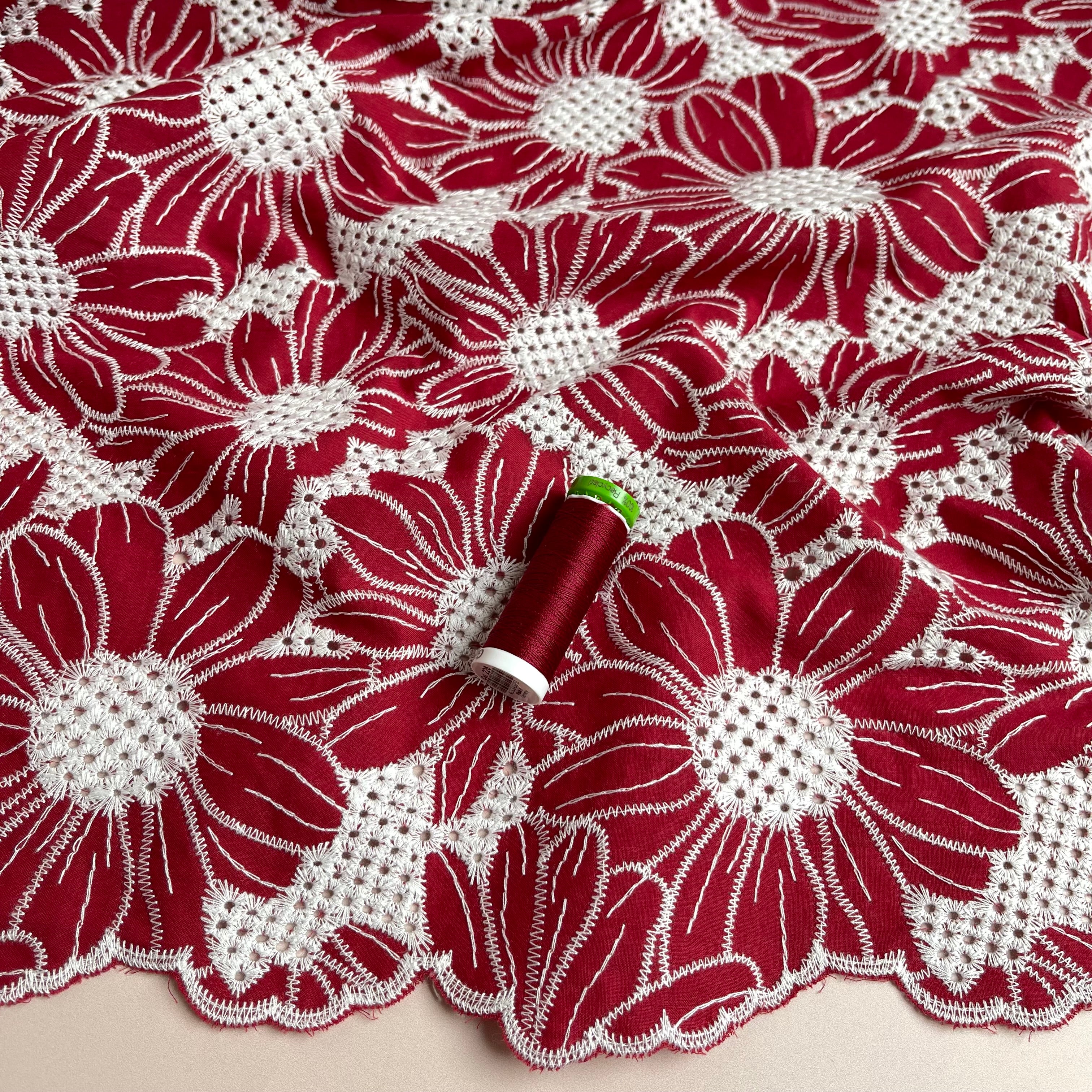 Scalloped Flowers Embroidered Cotton Fabric in Red