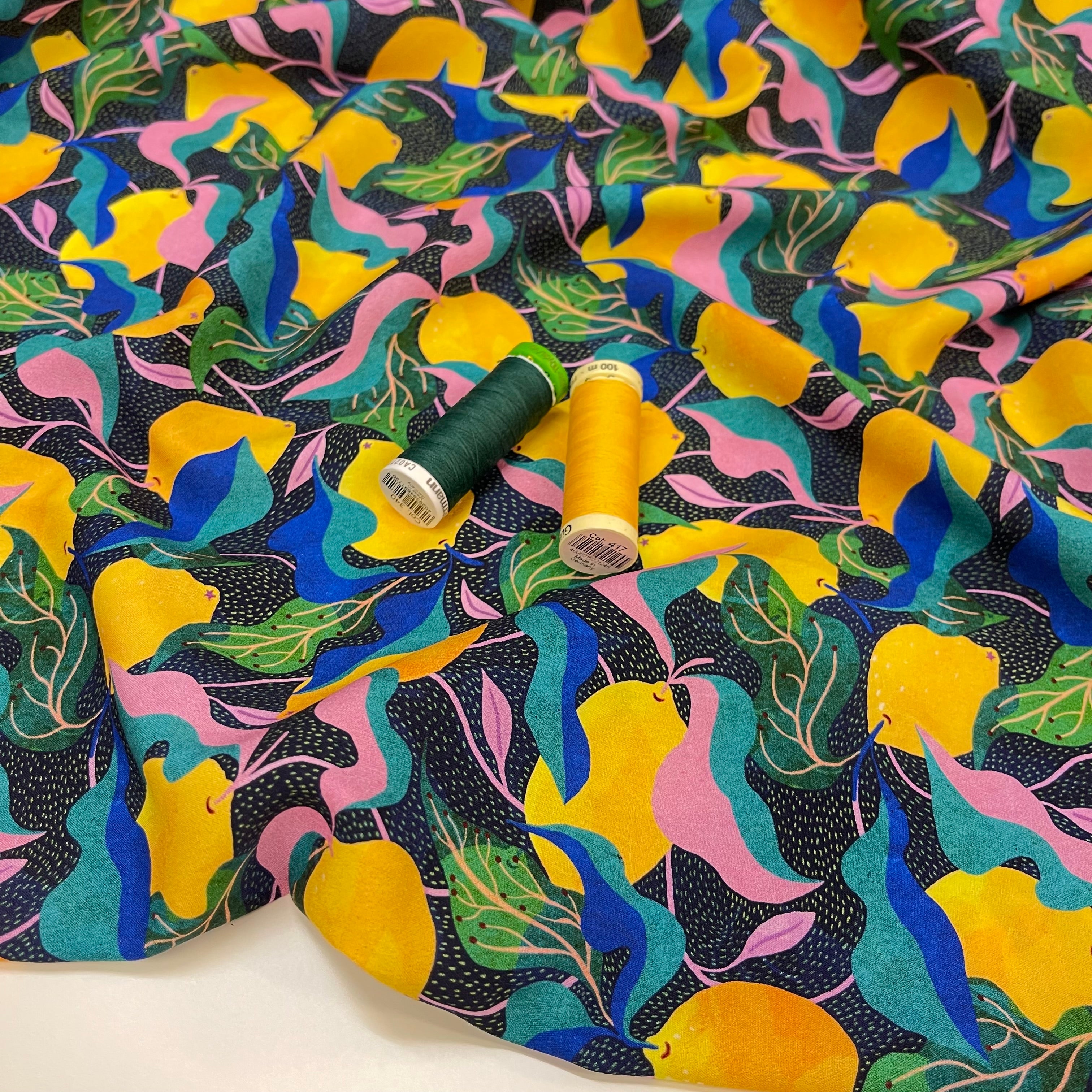 Adventure - Mediterranean Lemons Viscose in Dark Navy & Green
