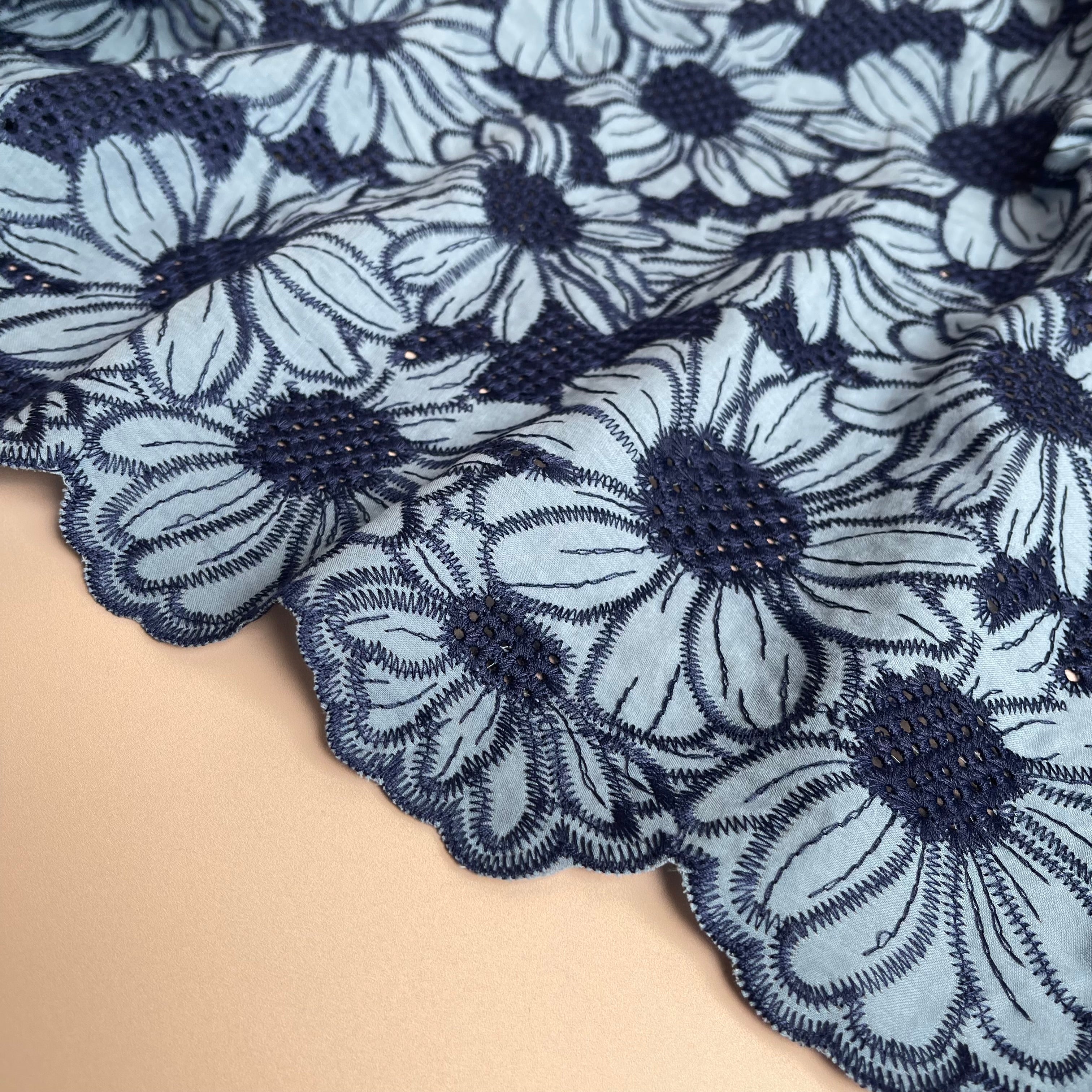 Scalloped Flowers Embroidered Cotton Fabric in Blue