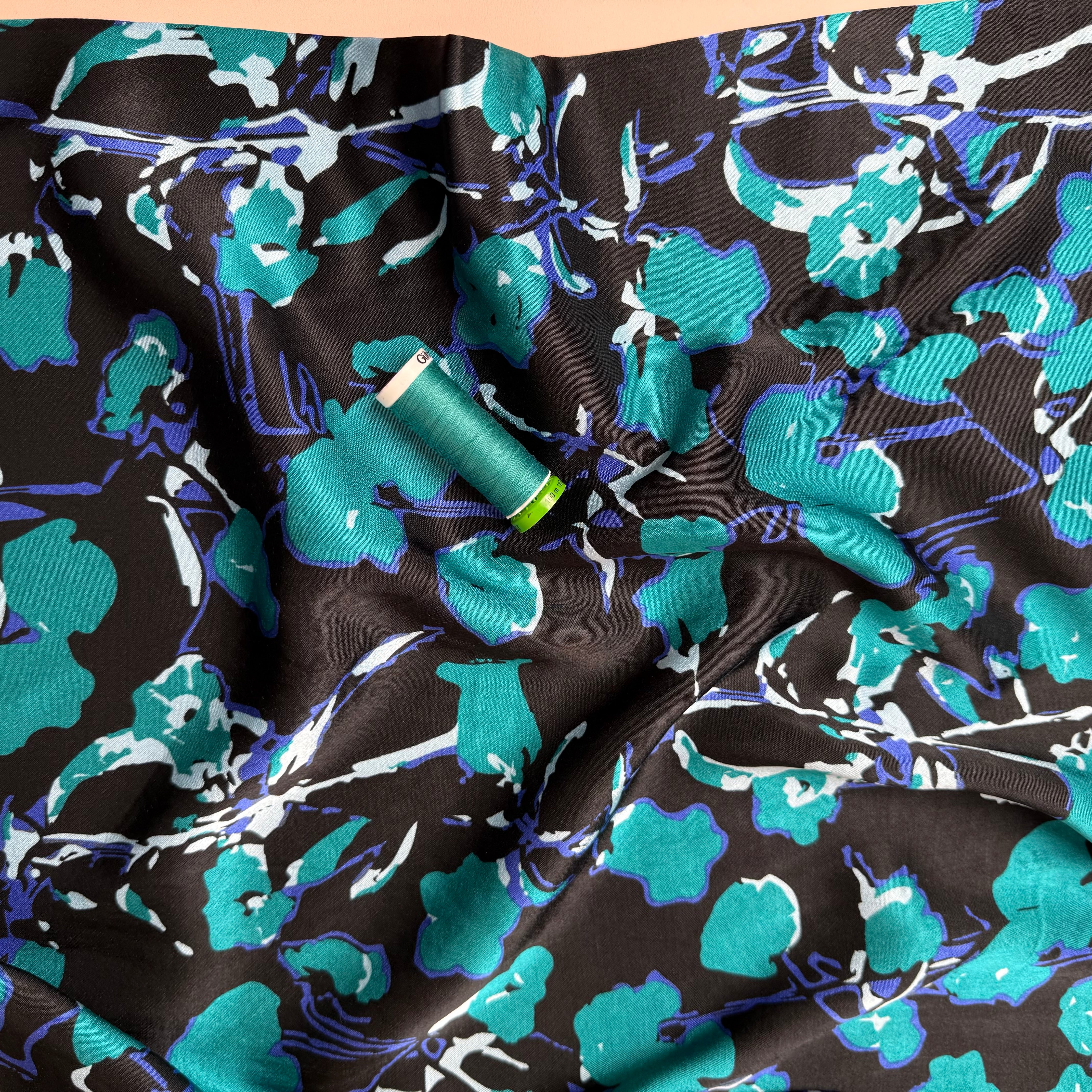 Petrol Petals Spun Viscose Sateen Fabric