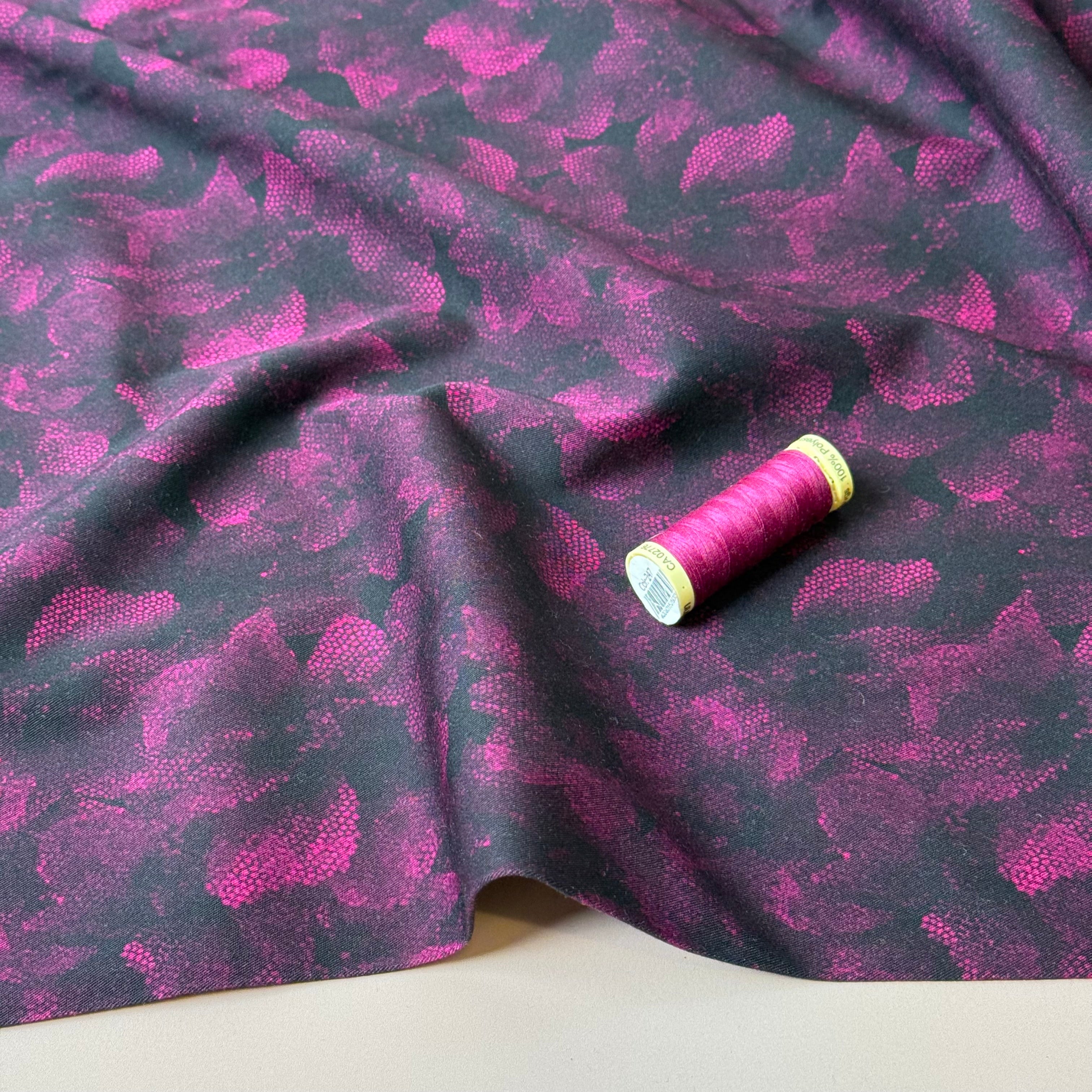 Magenta Flowers on Black Viscose Twill with Stretch