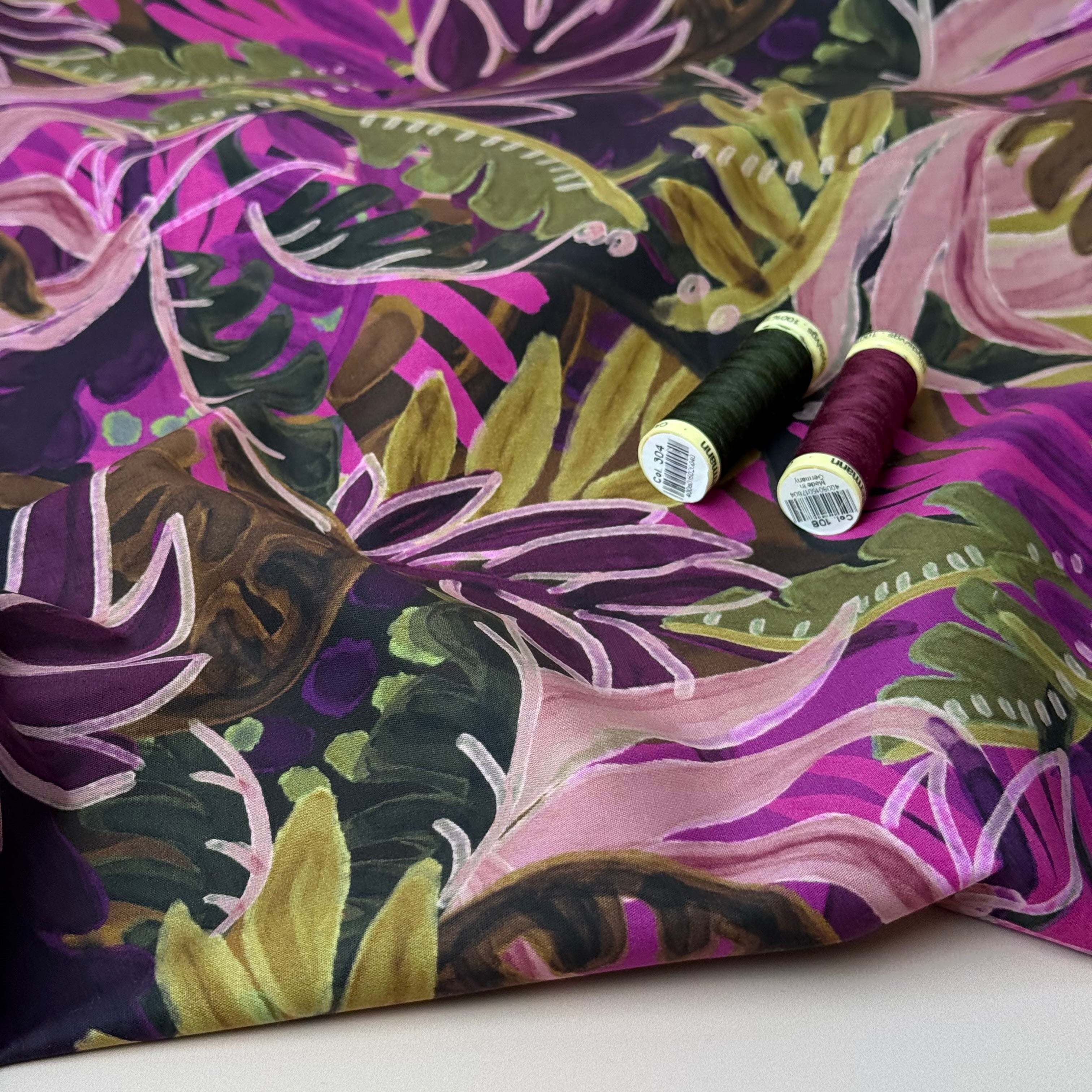 Tropical Foliage Magenta Cotton Viscose Fabric