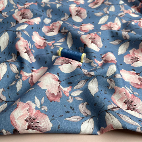 REMNANT 2.8 Metres (areas of print faults in places) Pastel Poppy Linen Viscose Blend Fabric