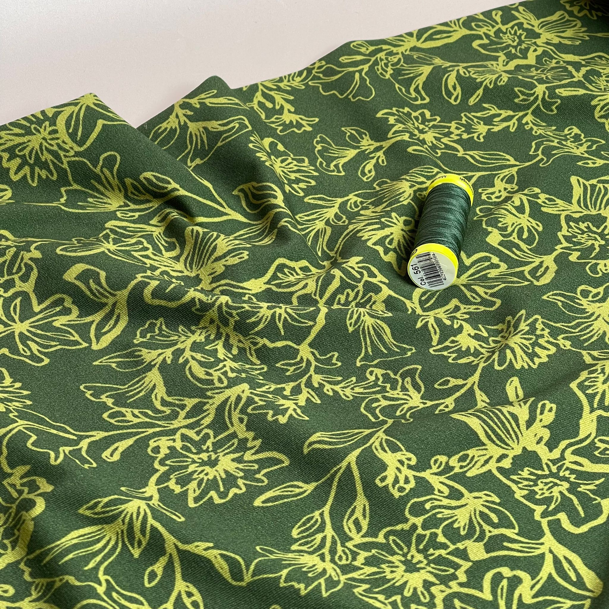 REMNANT 1.62 Metres - Danish Design - Lime Flowers on Green Cotton Jersey Fabric