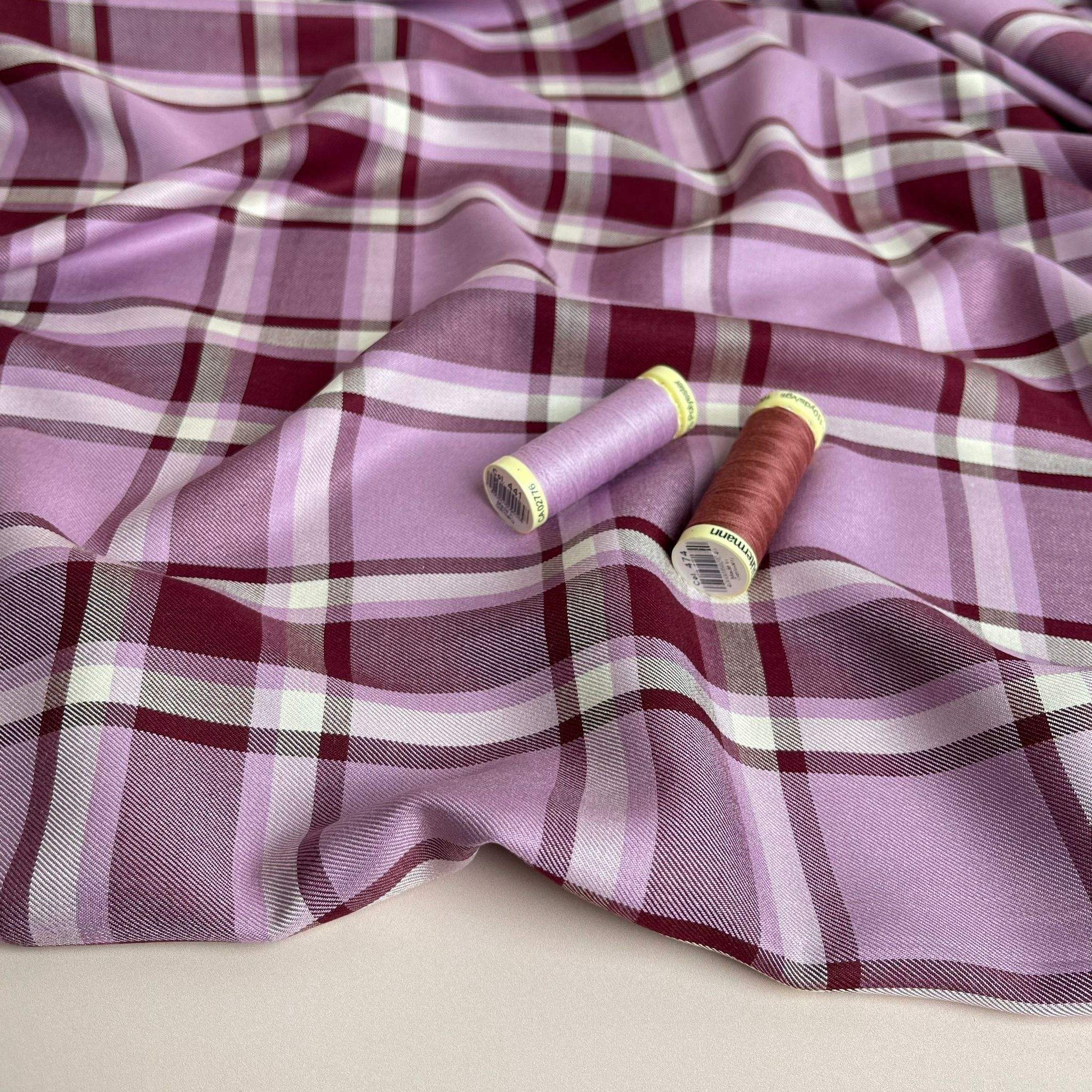 Yarn Dyed Mauve Check Viscose Twill Fabric