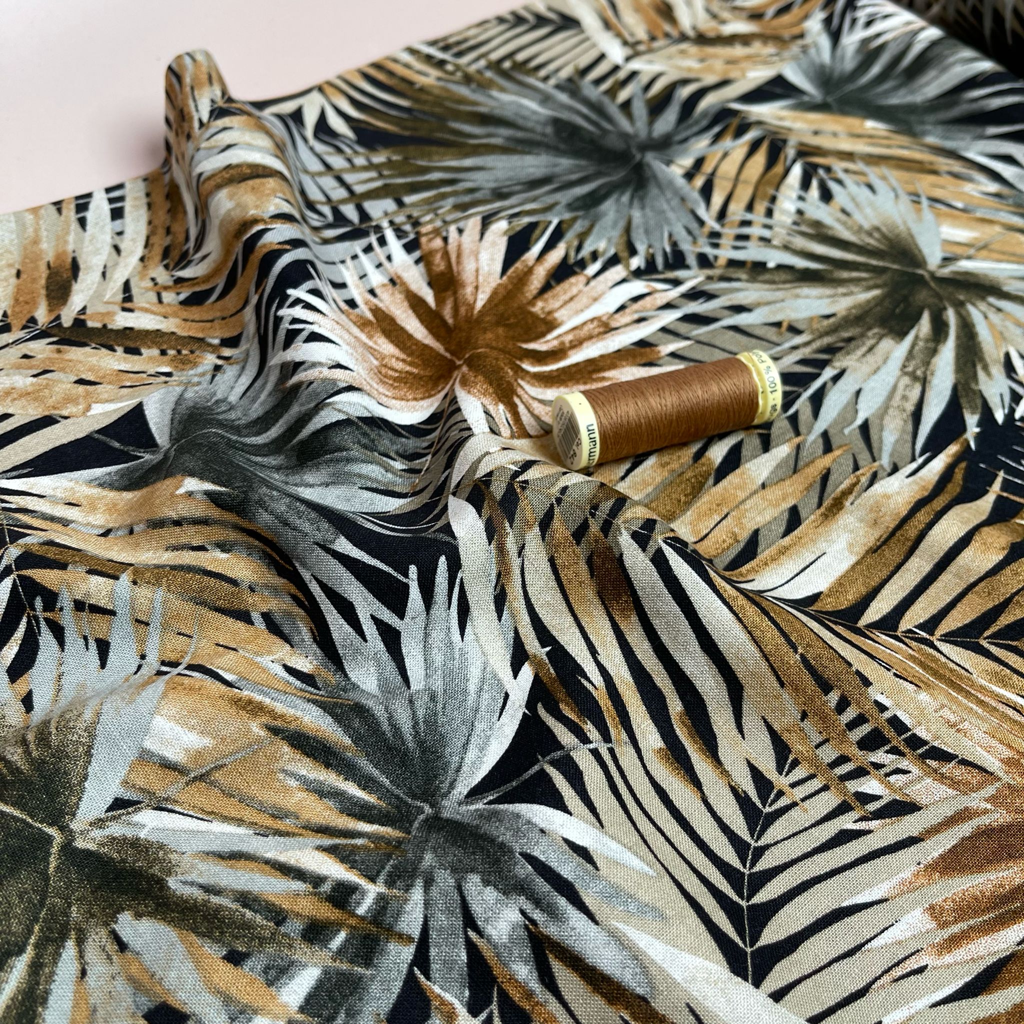 REMNANT 3.09 Metres - Tropical Fan Leaves in Brown Viscose Linen Blend Fabric