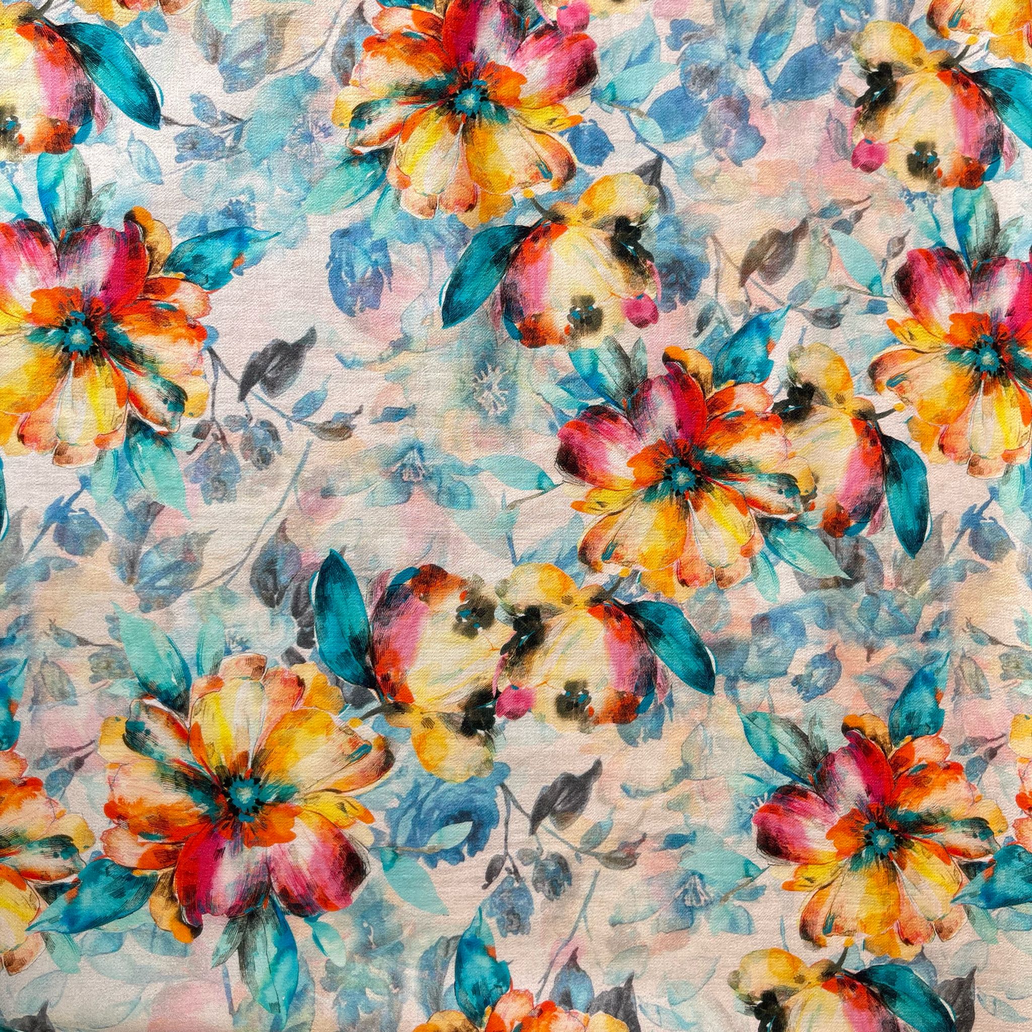 Watercolour Sunset Blooms on Turquoise Textured Viscose Fabric