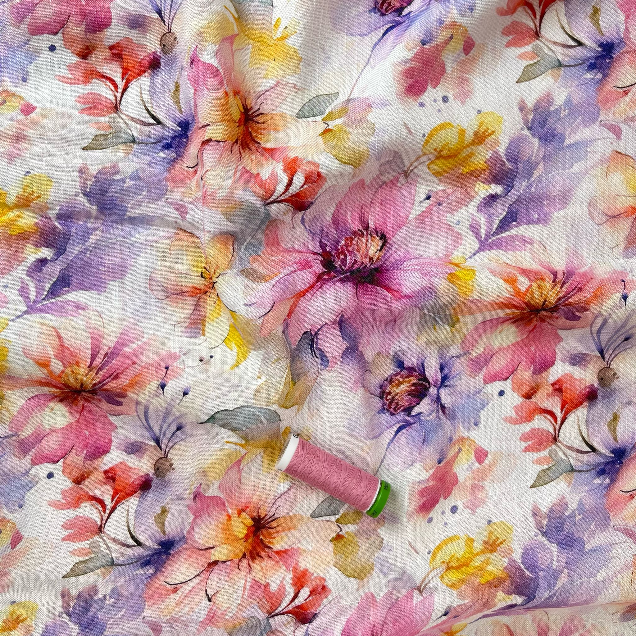 REMNANT 0.75 Metre - Watercolour Blooms Viscose Linen Fabric