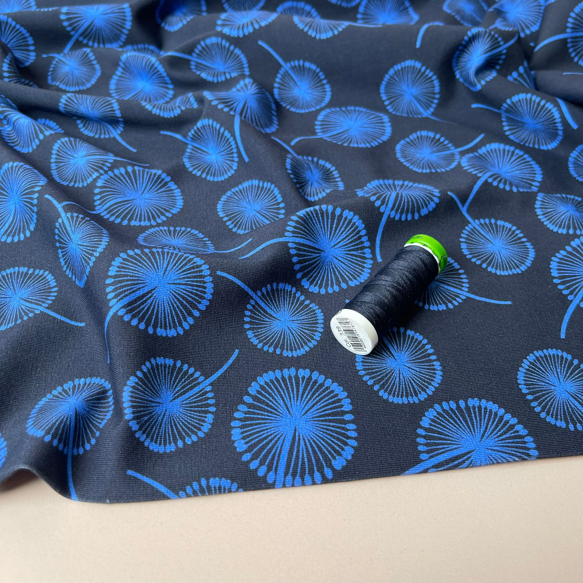 Danish Design - Cobalt Dandelions on Navy Cotton Jersey Fabric