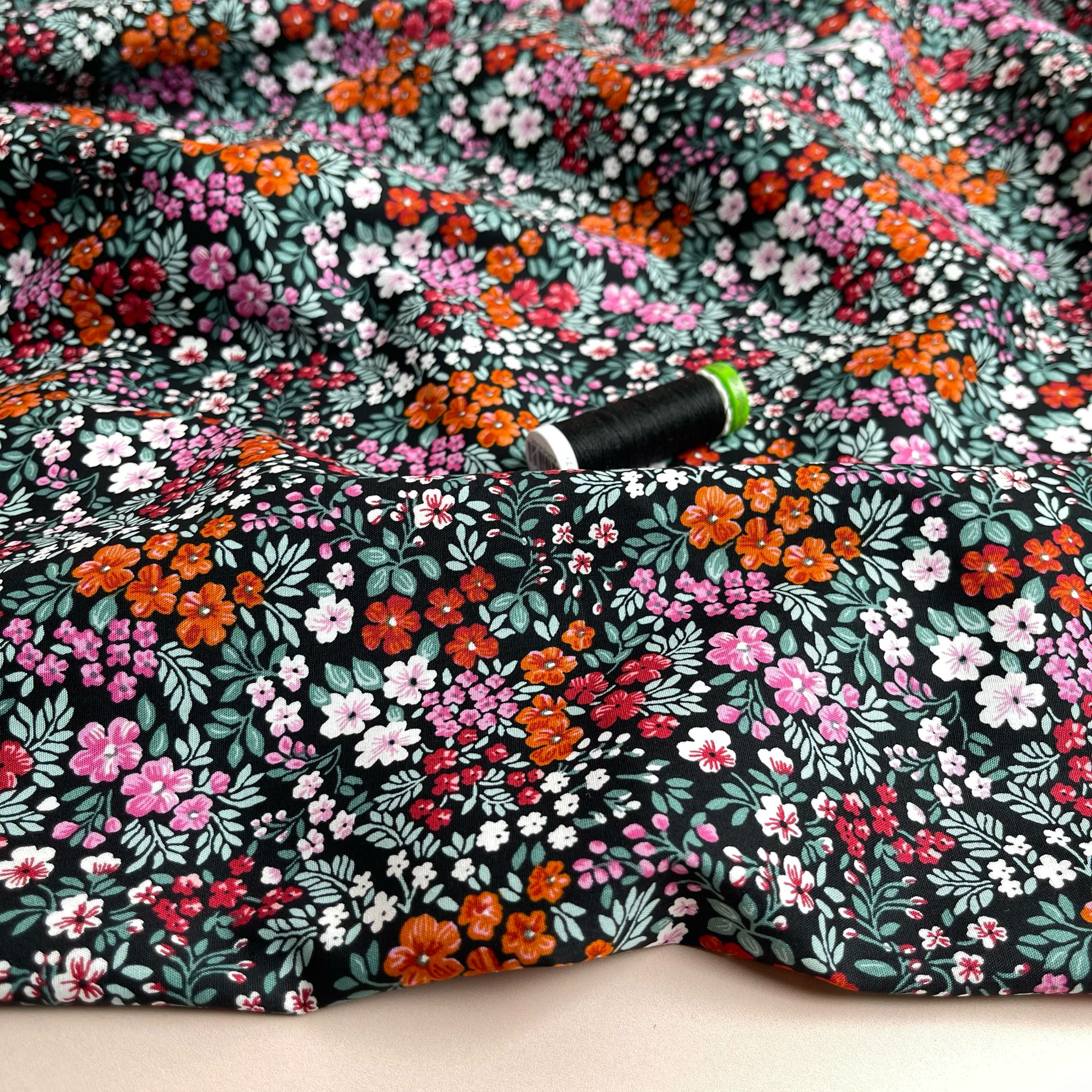 Ditsy Meadow on Black Cotton Poplin