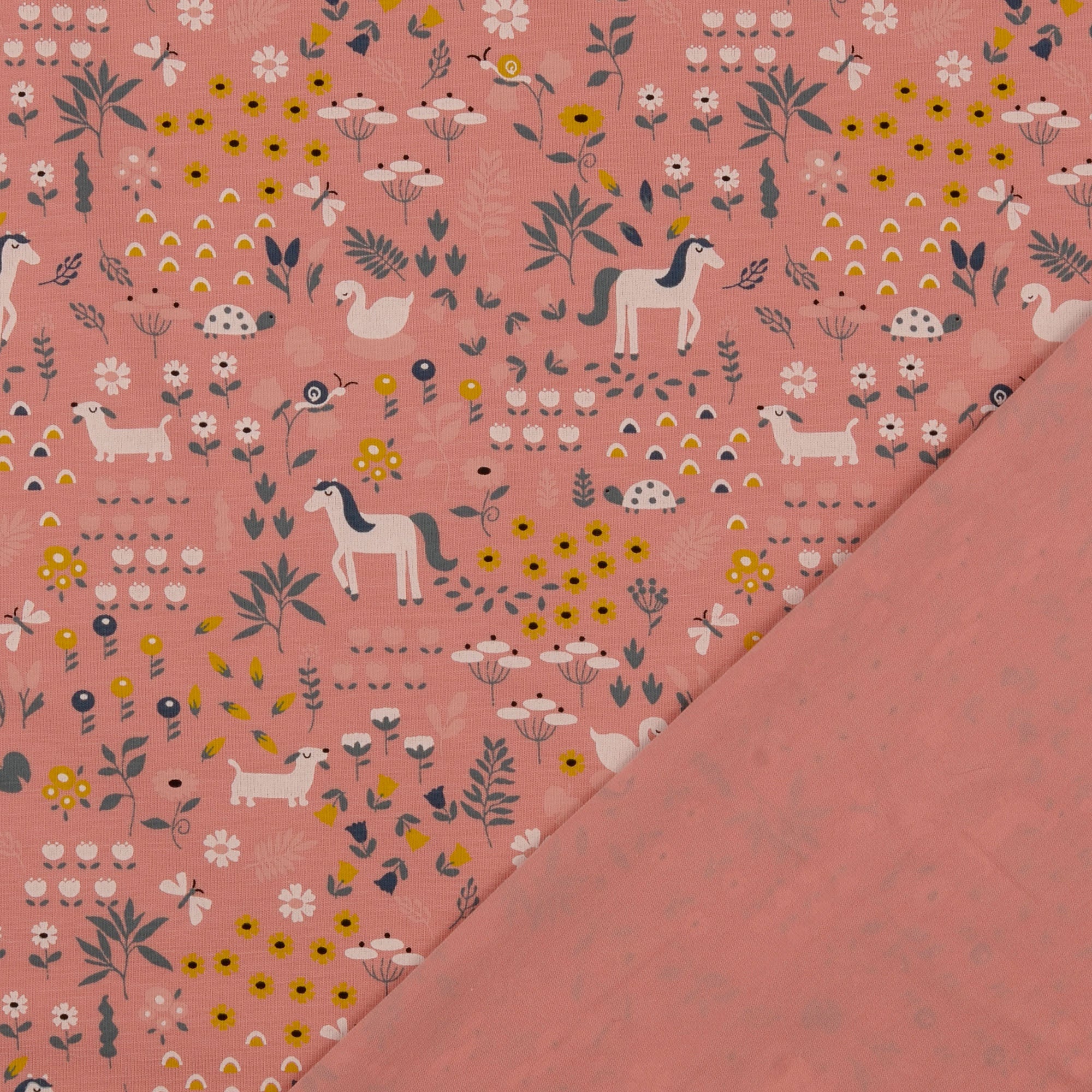 REMNANT 1.2 Metres - (Fault 2 inch hole with marks round) Animals Pink Organic Cotton Jersey Fabric