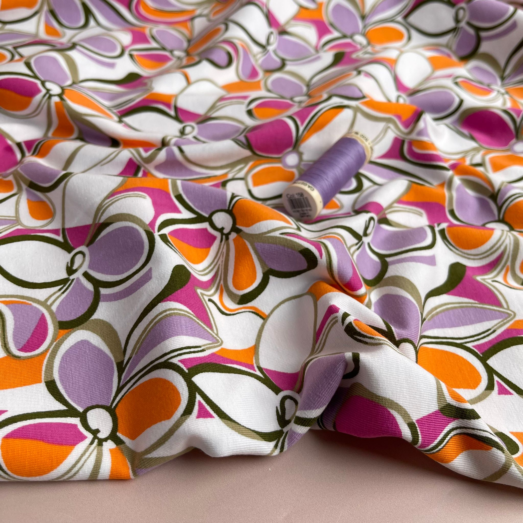 REMNANT 0.88 Metre - Petals in Lilac and Orange Cotton Jersey Fabric