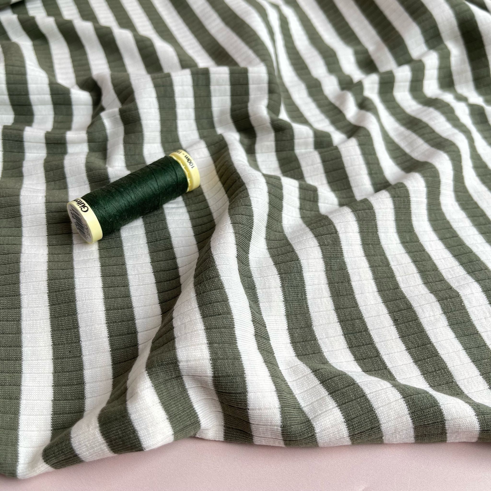 Yarn Dyed Striped Cotton Ribbed Jersey in Khaki and White
