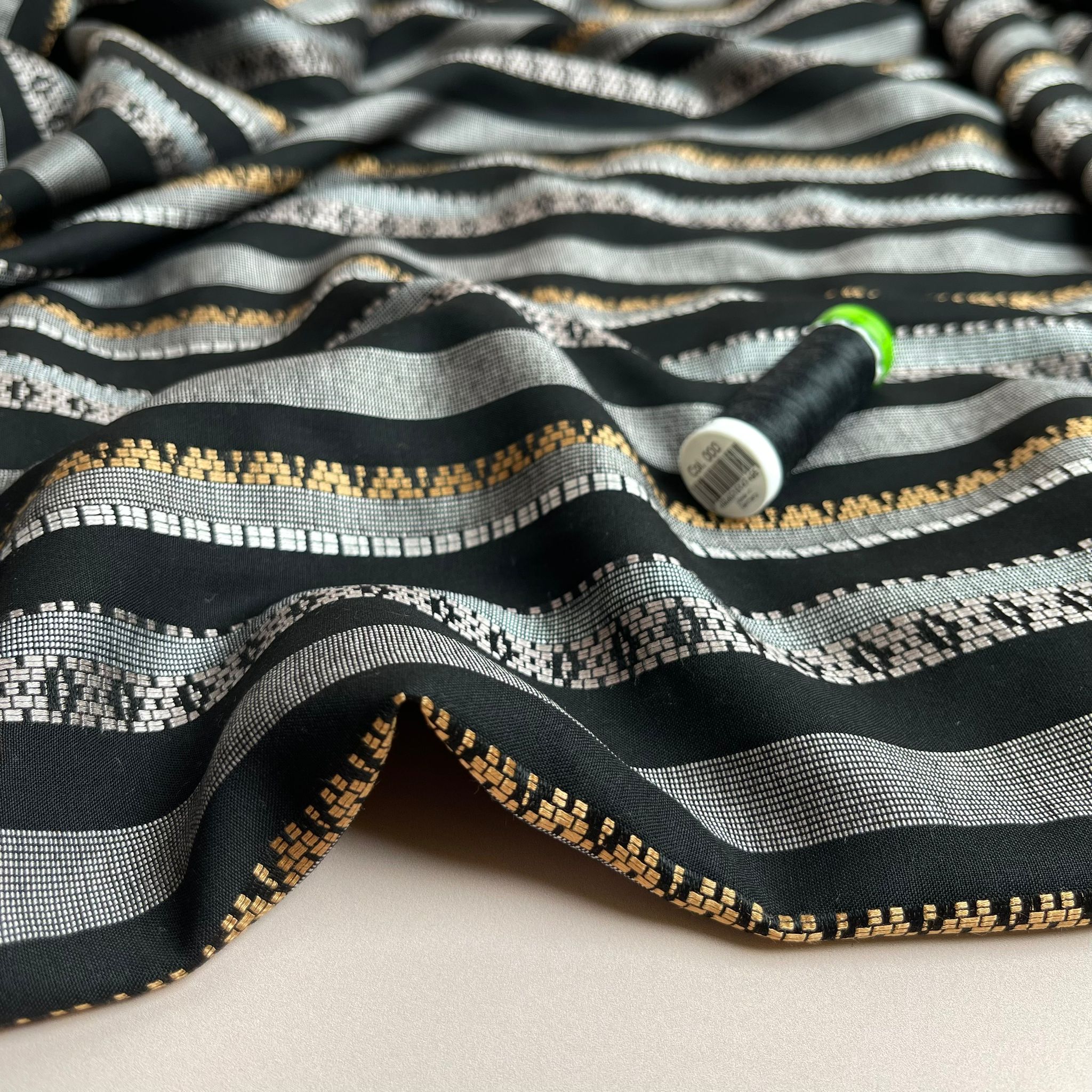 Yarn Dyed Embroidered Stripes on Black Viscose Fabric