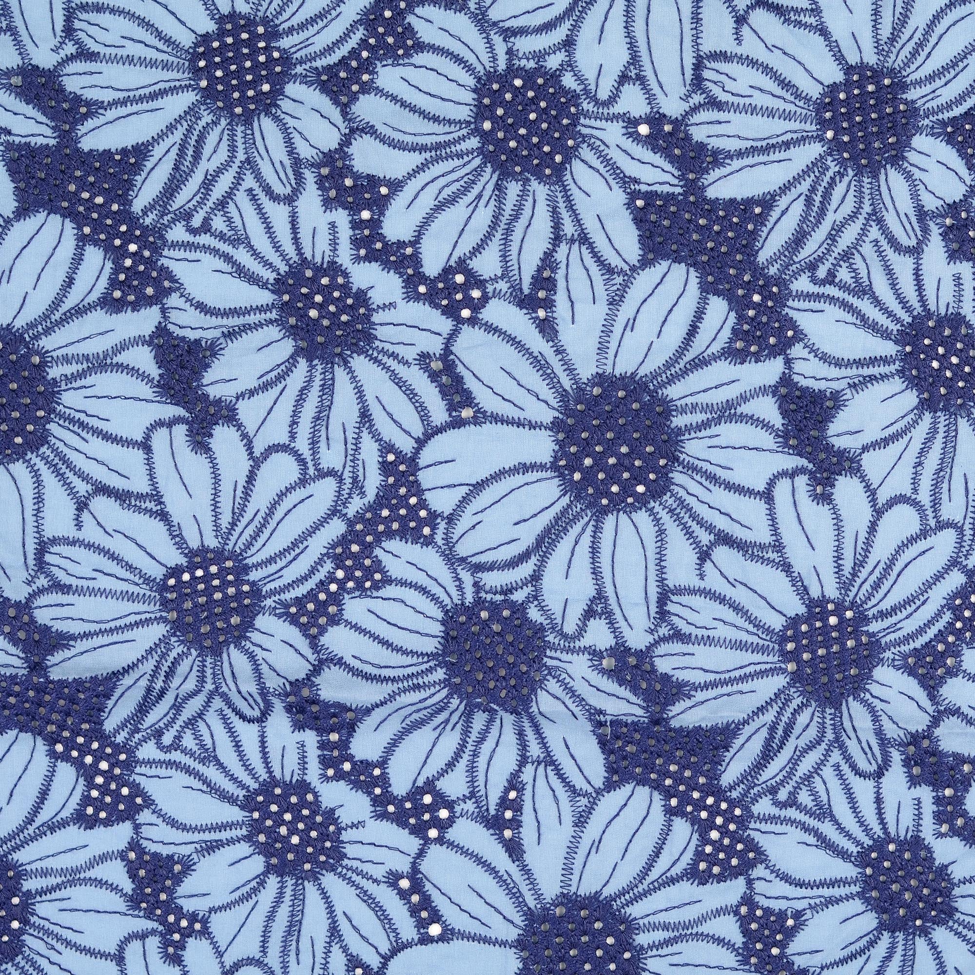 Scalloped Flowers Embroidered Cotton Fabric in Blue