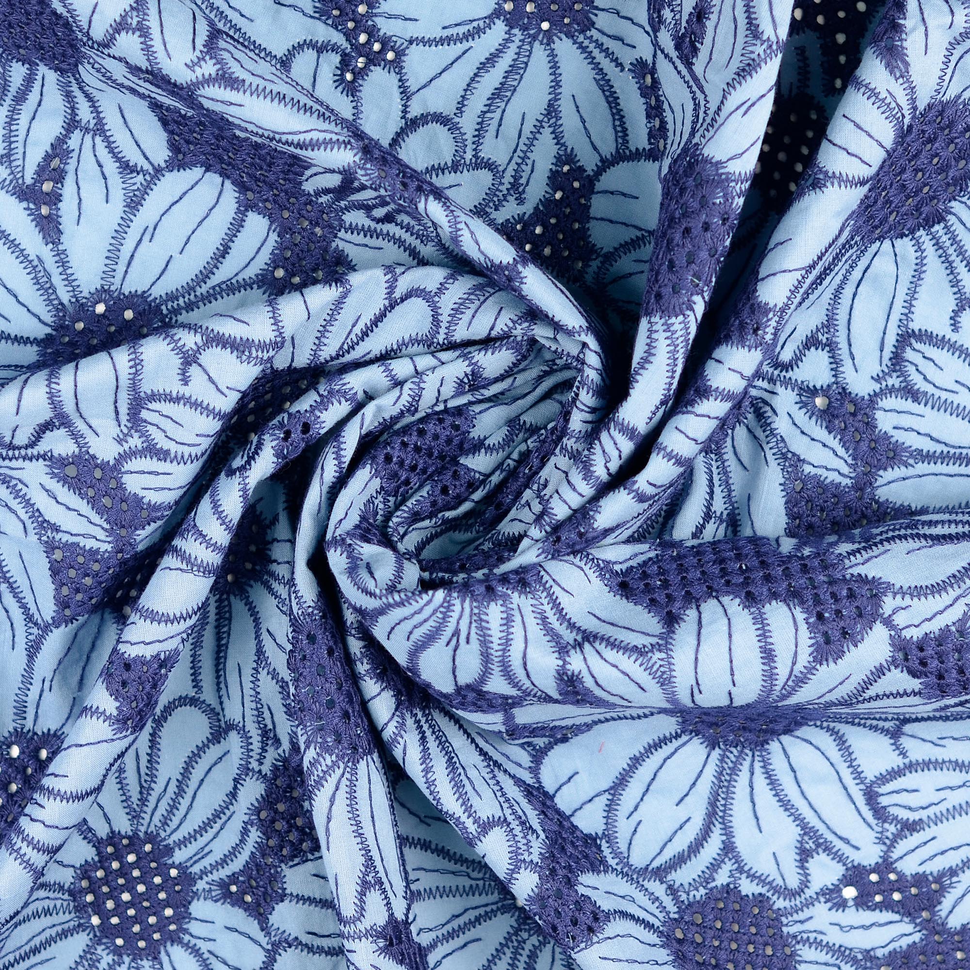 Scalloped Flowers Embroidered Cotton Fabric in Blue