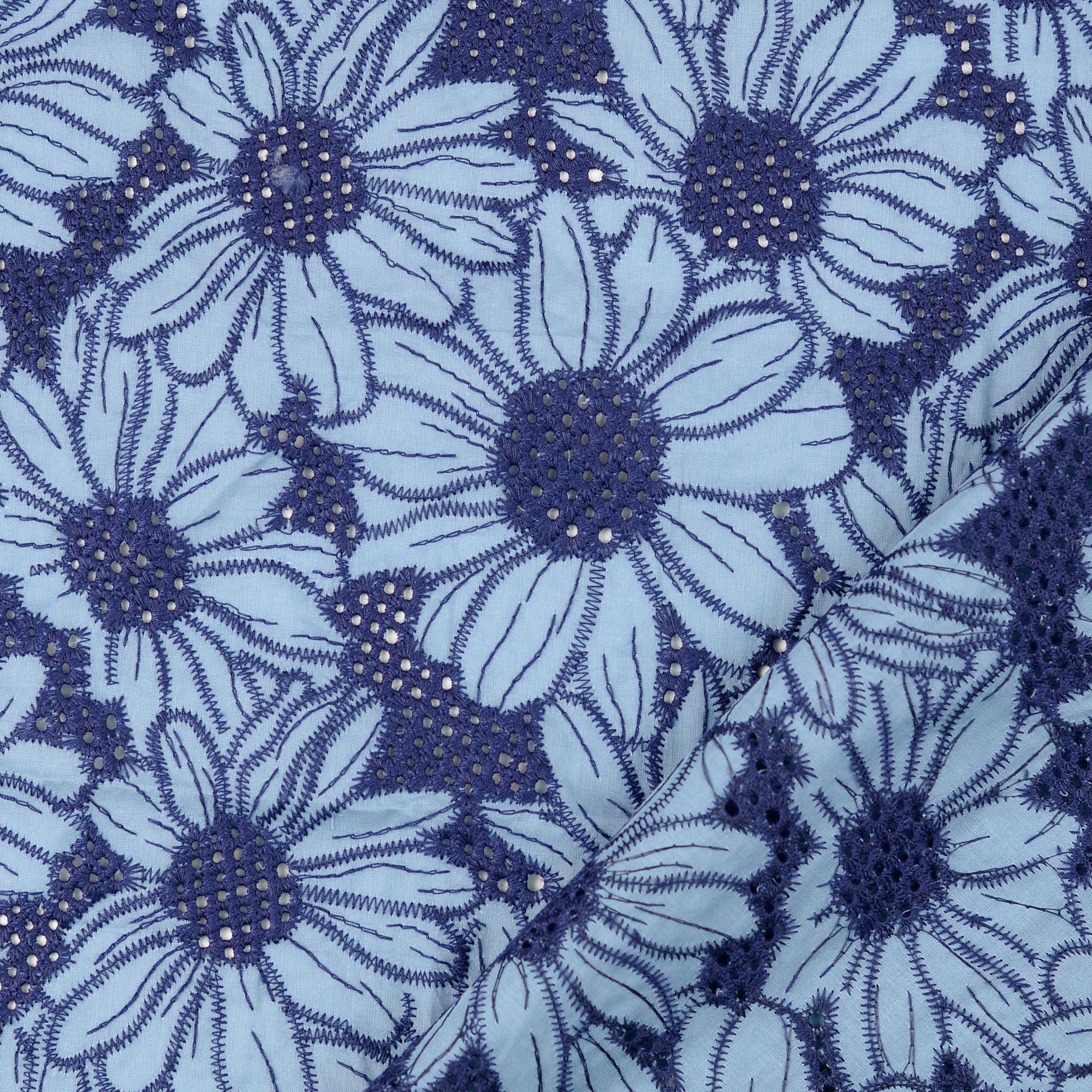 Scalloped Flowers Embroidered Cotton Fabric in Blue