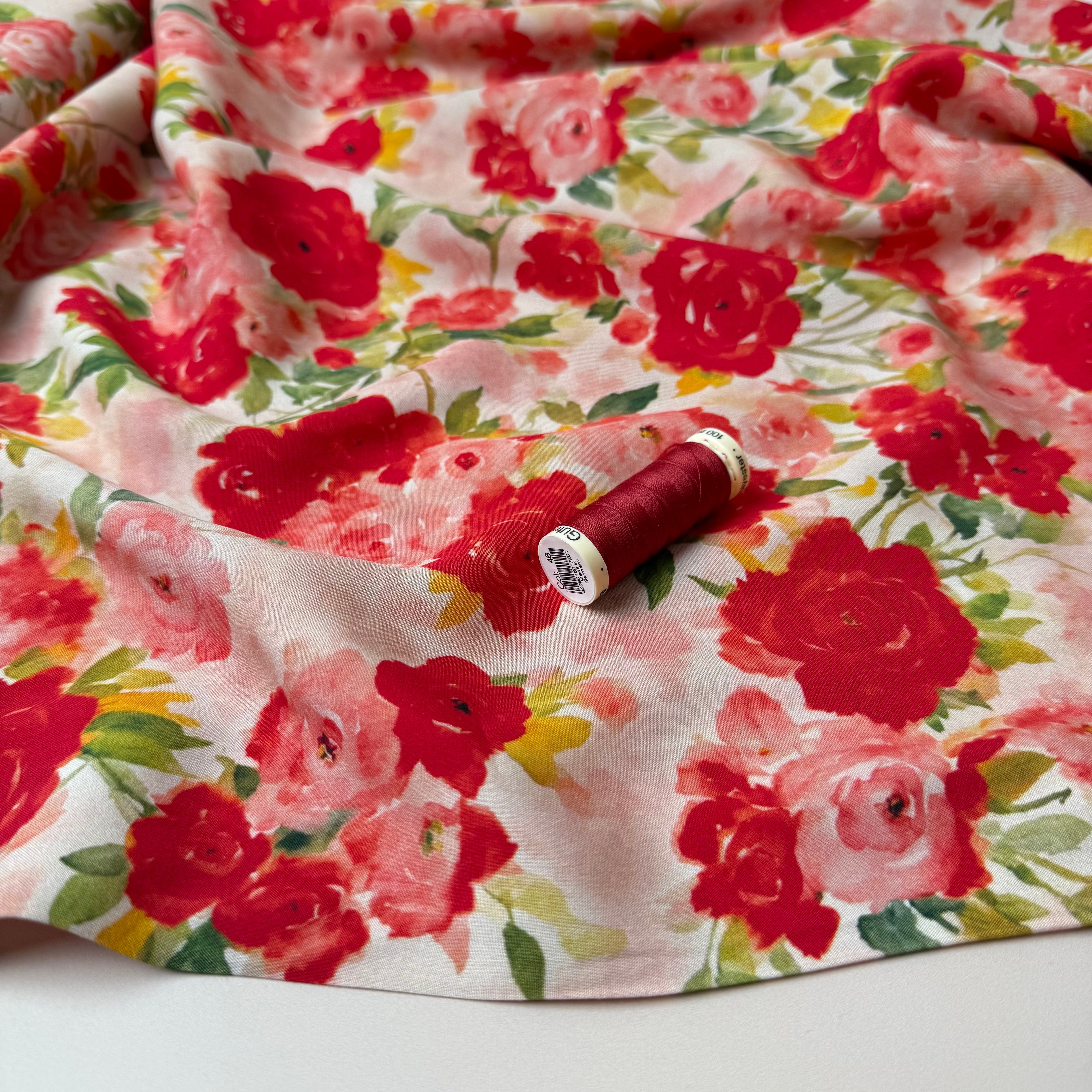 Watercolour English Roses Viscose Fabric