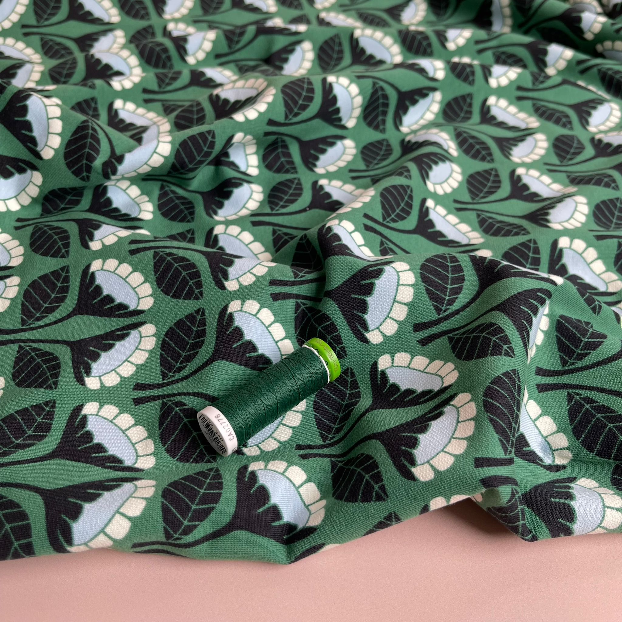 REMNANT 2.10 Metres - Monochrome Flowers on Emerald Green Cotton French Terry