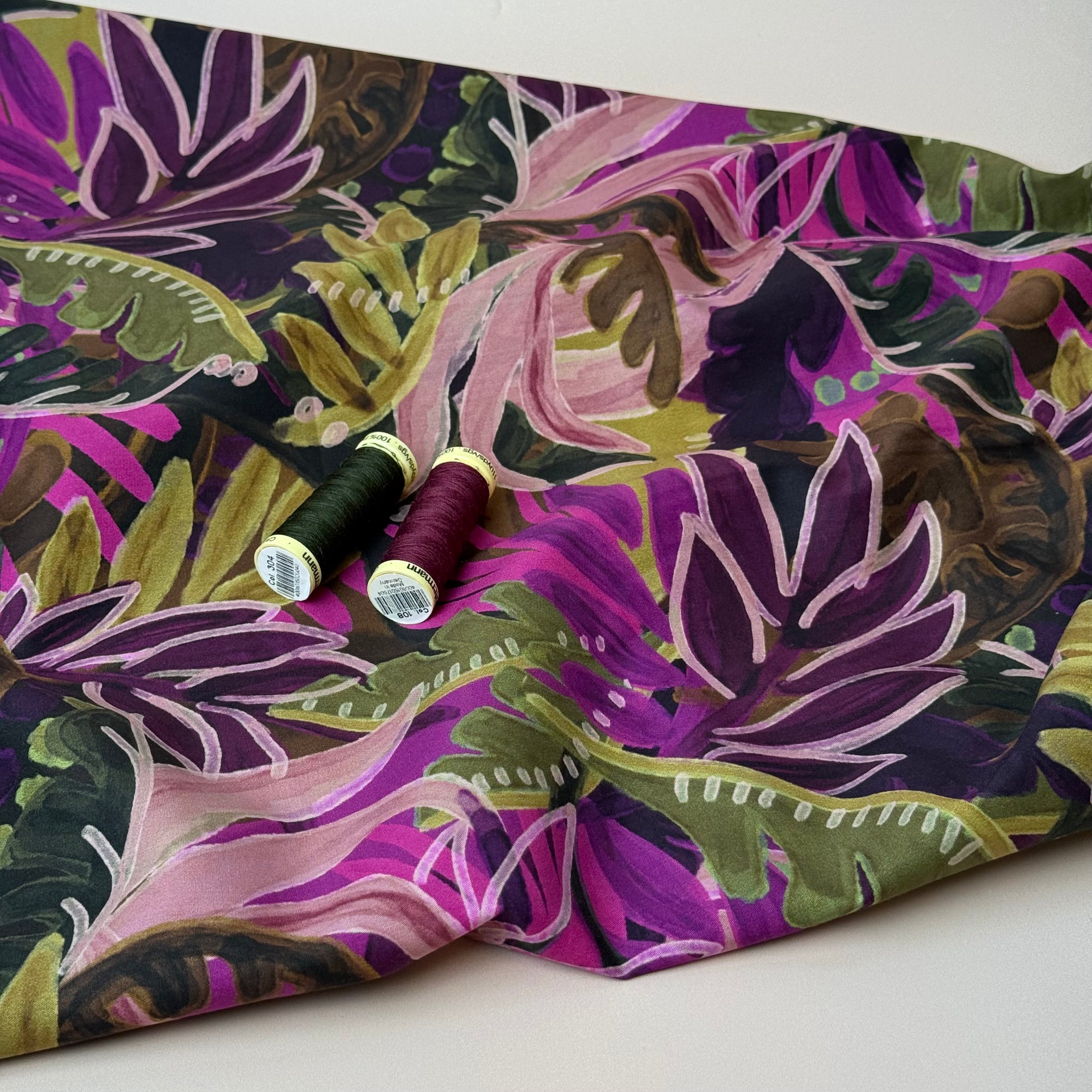 Tropical Foliage Magenta Cotton Viscose Fabric
