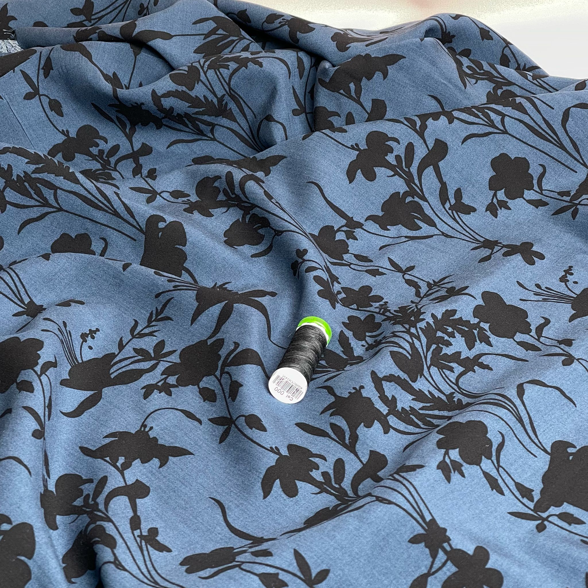 REMNANT 0.8 metres (some washable marks) Floral Shadows on Midnight Blue Viscose Fabric