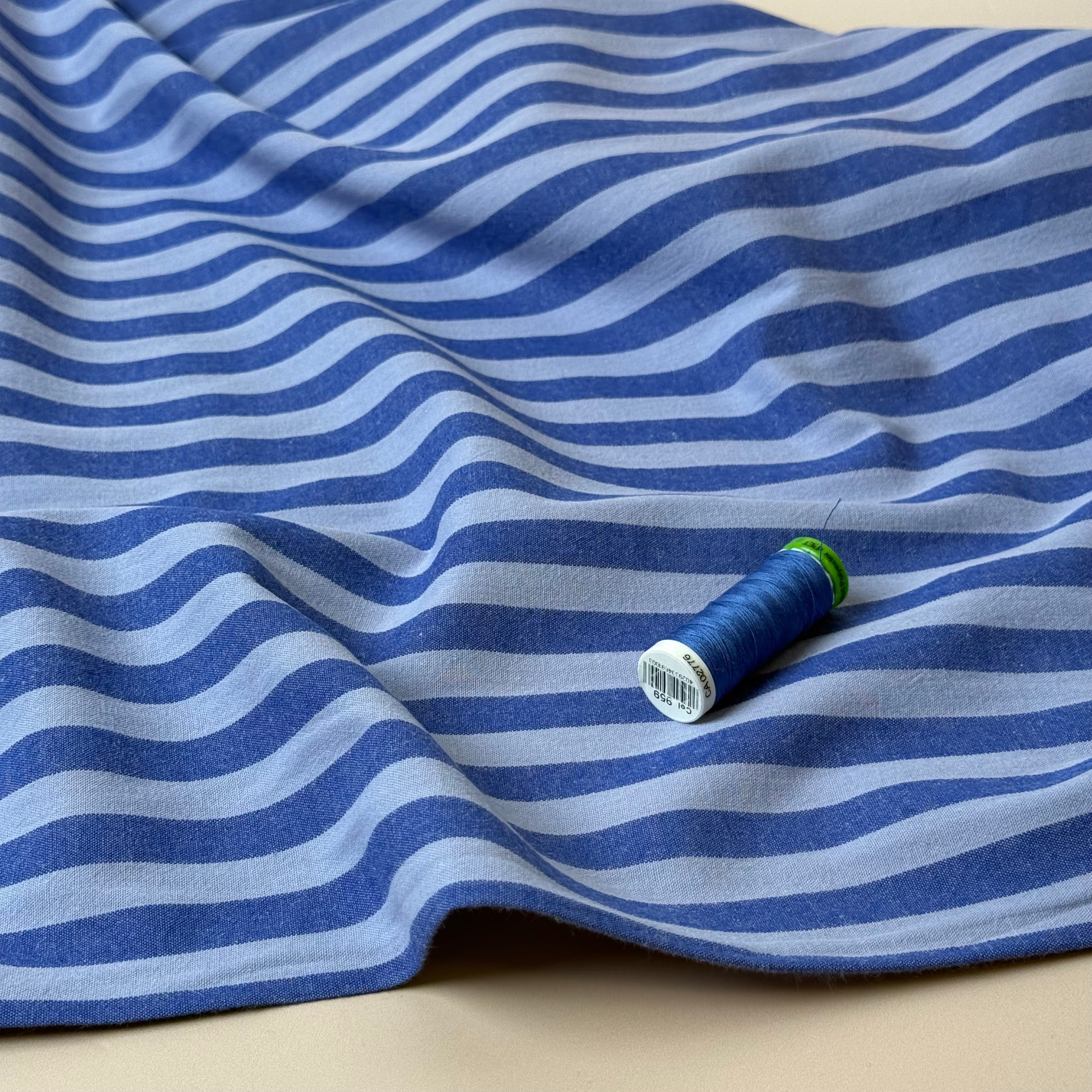 Yarn Dyed Periwinkle Stripes Washed Cotton Fabric