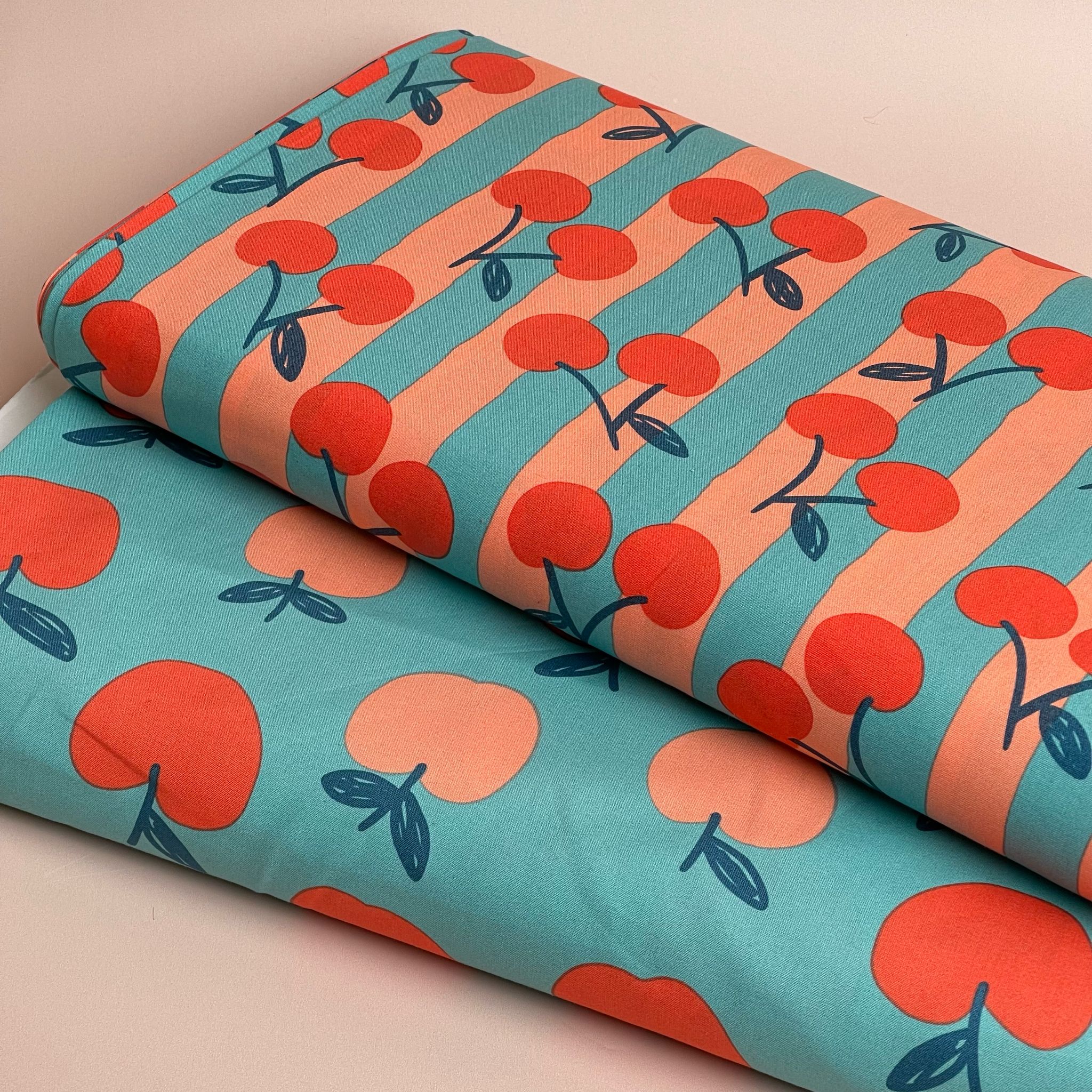 Funky Cherry Stripes on Turquoise Cotton Poplin Fabric
