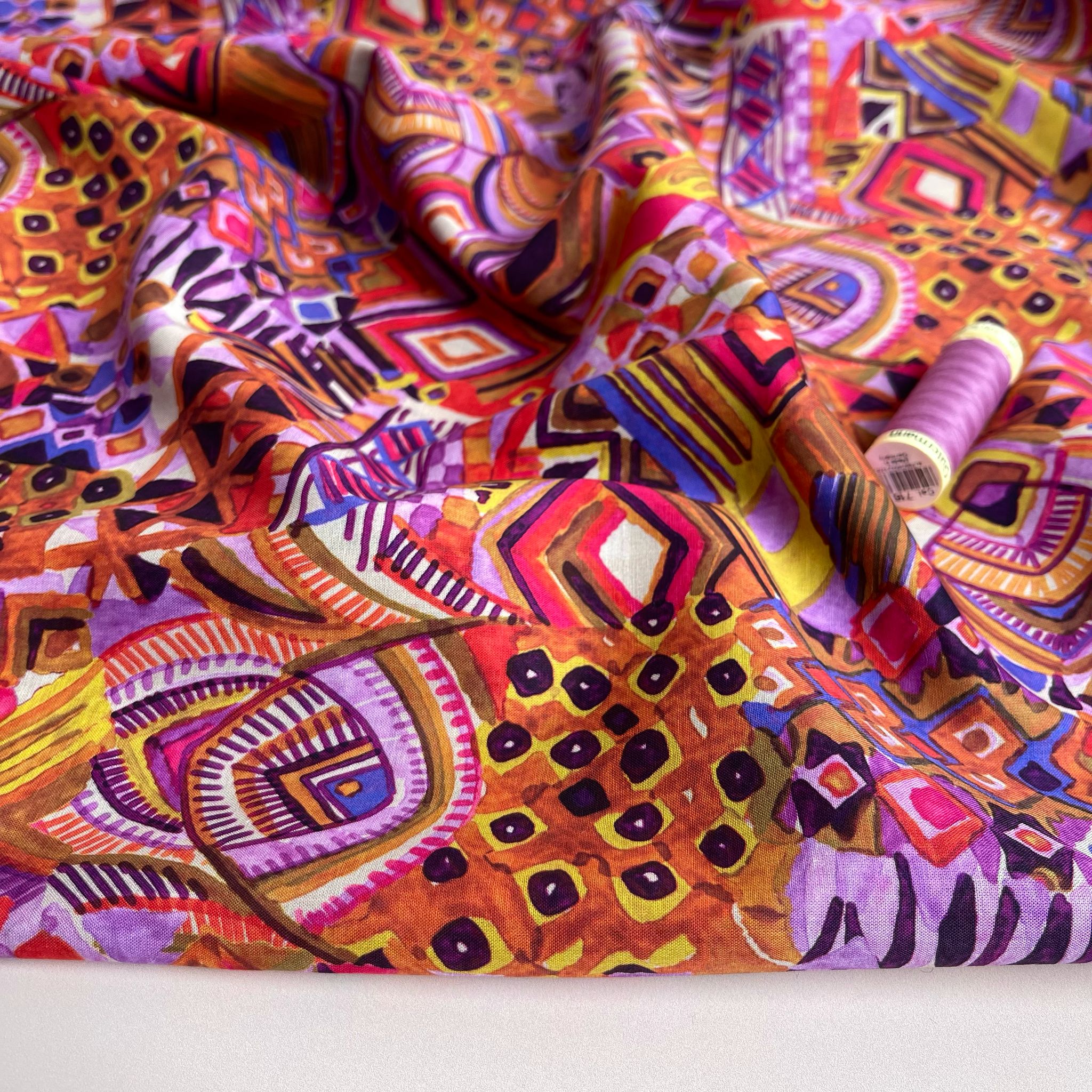 REMNANT 1.6 Metres - Painted Autumn Aztec Cotton Voile Fabric