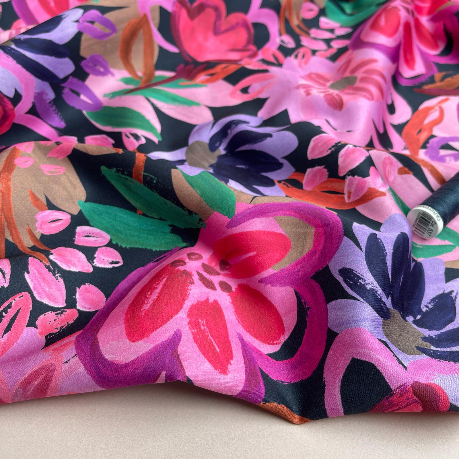 Painted Spring Garden on Dark Navy Cotton Sateen Fabric