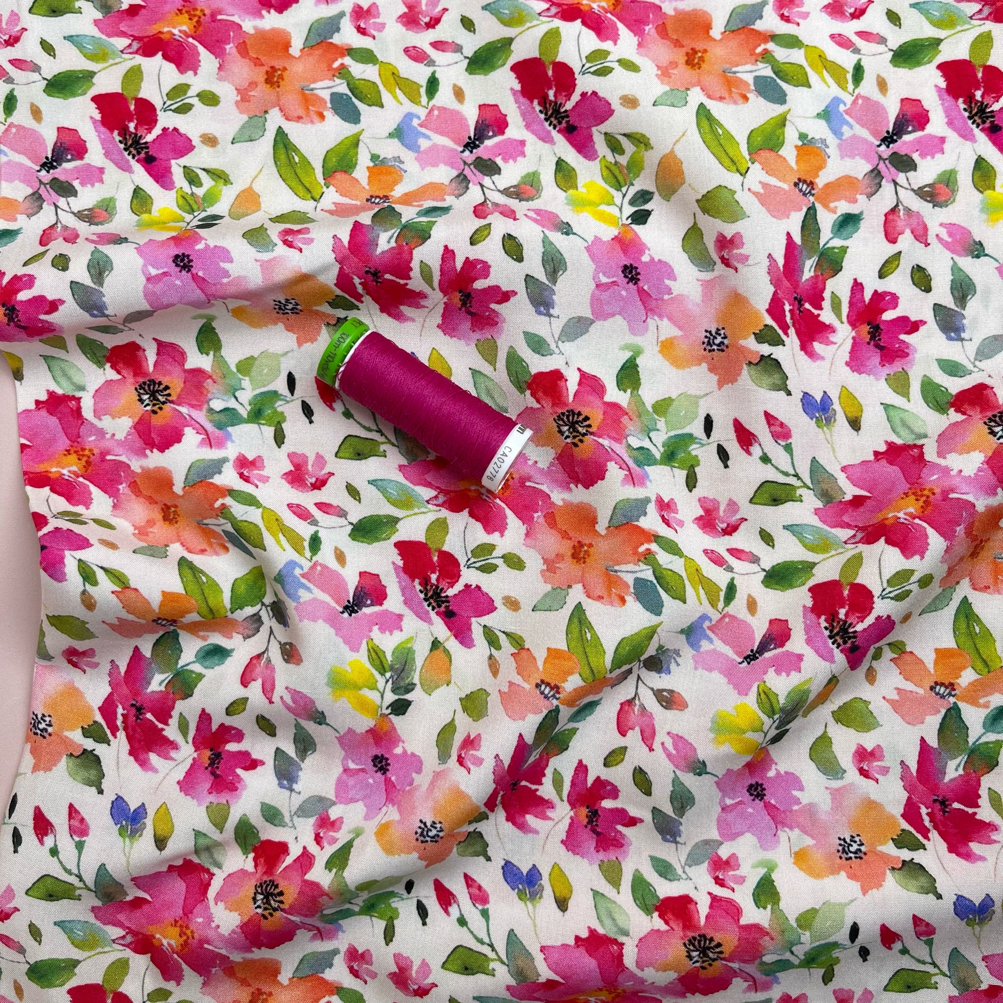 Magenta Spring Blossoms Viscose Fabric