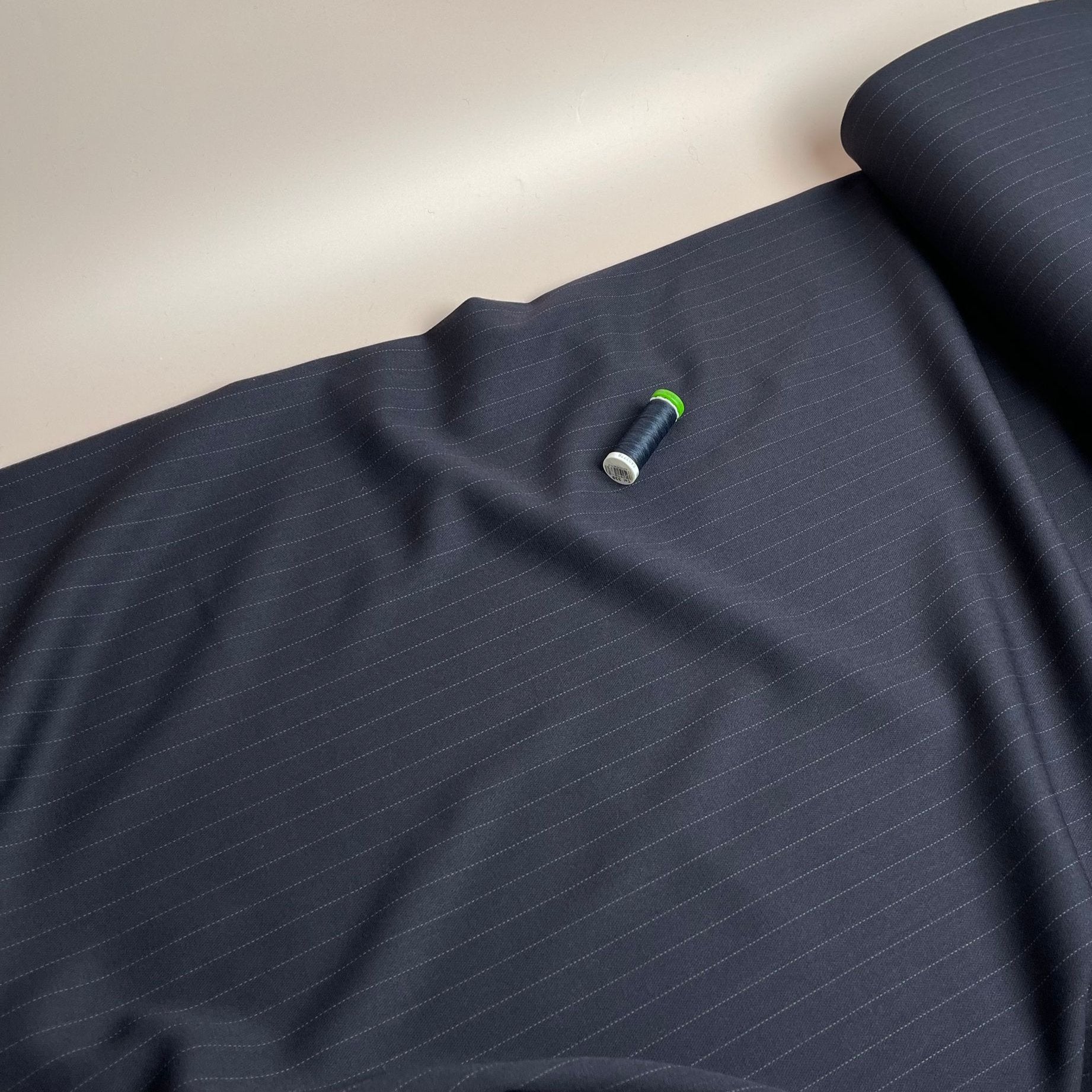 REMNANT 0.44 Metre - Deadstock Navy Pinstripe Worsted Wool Fabric