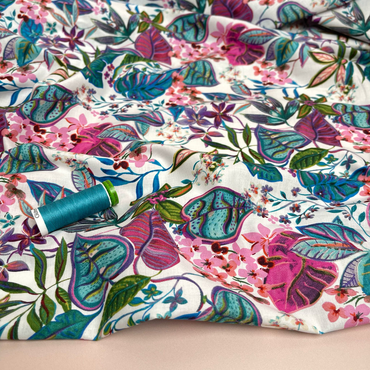 Tropical Foliage in Teal and Pink Cotton Lawn Fabric Lamazi Fabrics