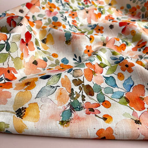 REMNANT 0.53 Metre - Watercolour Bouquet Linen Cotton Blend Fabric