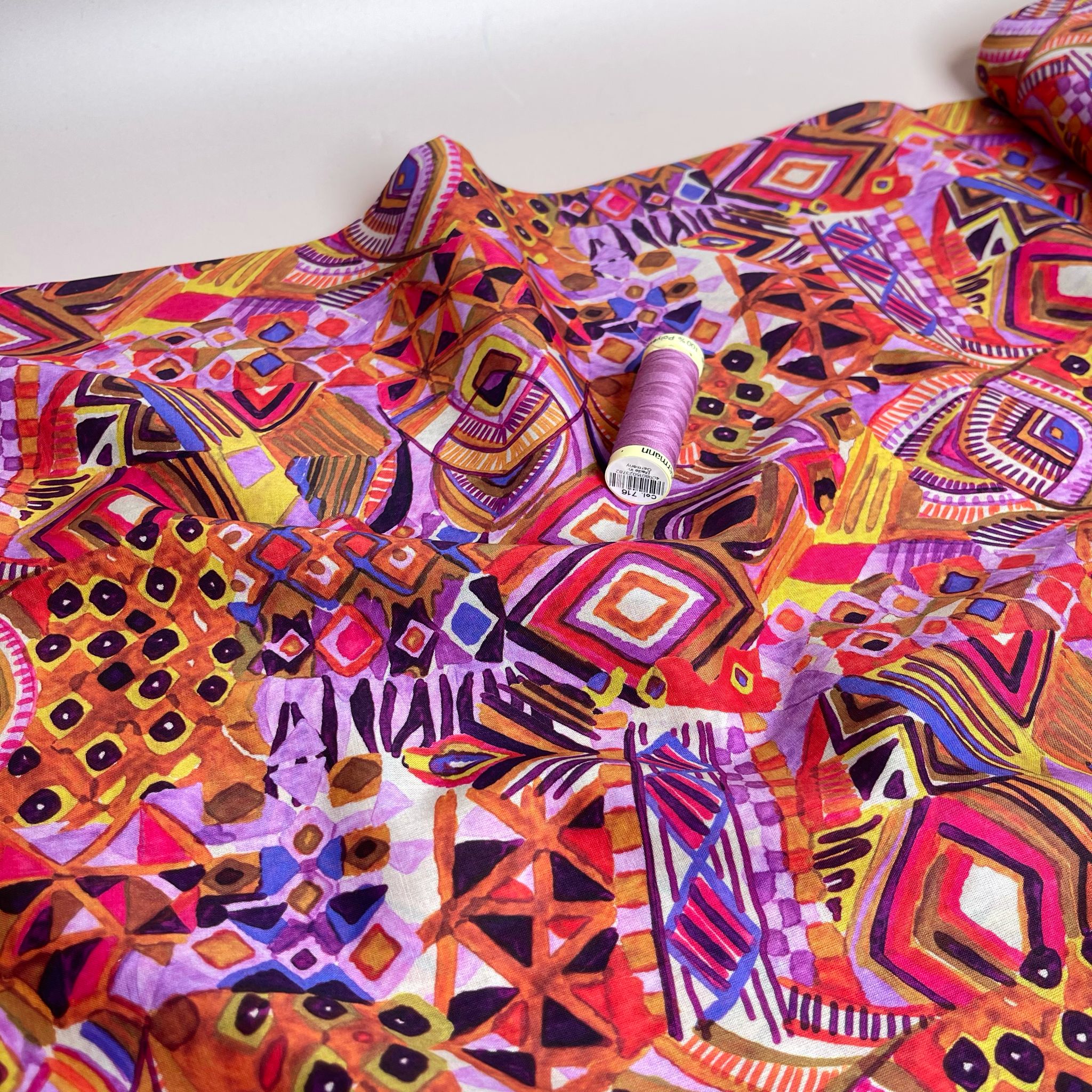 REMNANT 1.6 Metres - Painted Autumn Aztec Cotton Voile Fabric