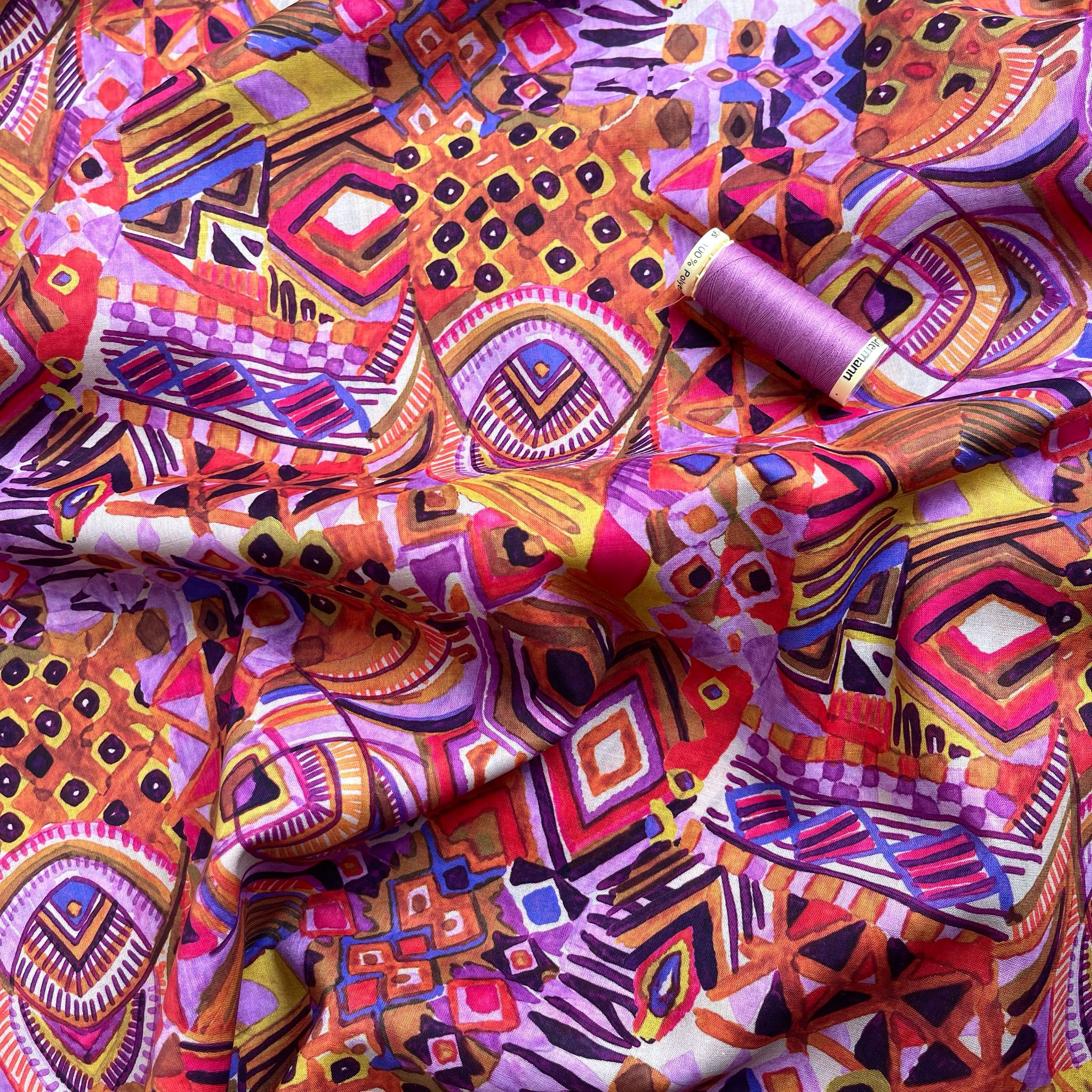 REMNANT 1.6 Metres - Painted Autumn Aztec Cotton Voile Fabric