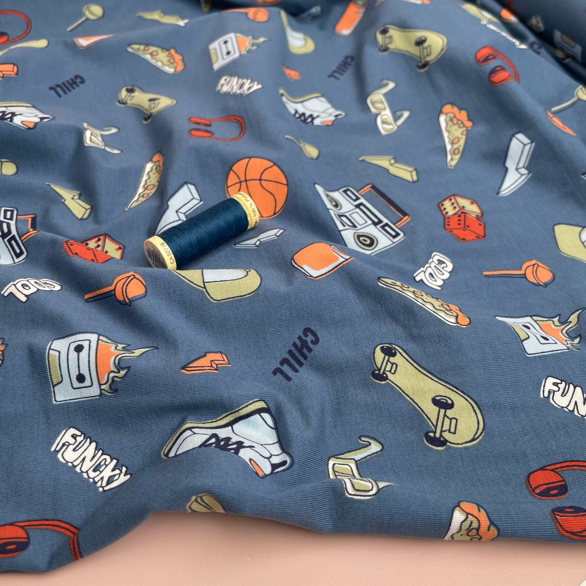 Cool Vibes on Blue Cotton Jersey Fabric