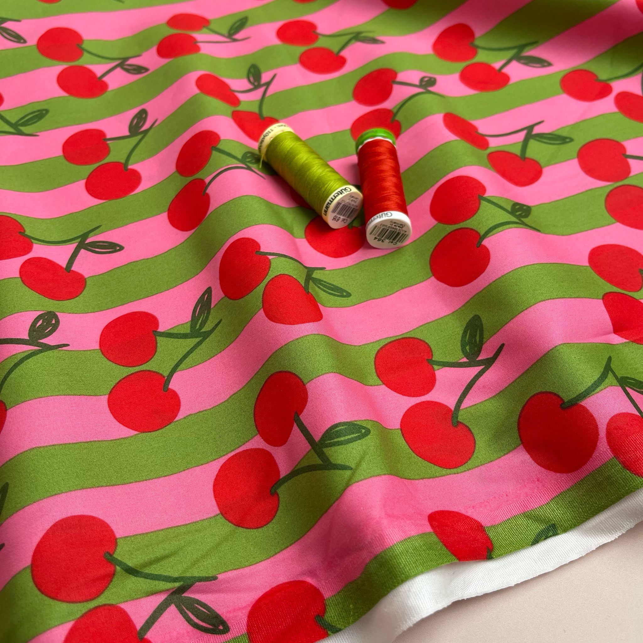 Funky Cherry Stripes on Pink Cotton Poplin Fabric