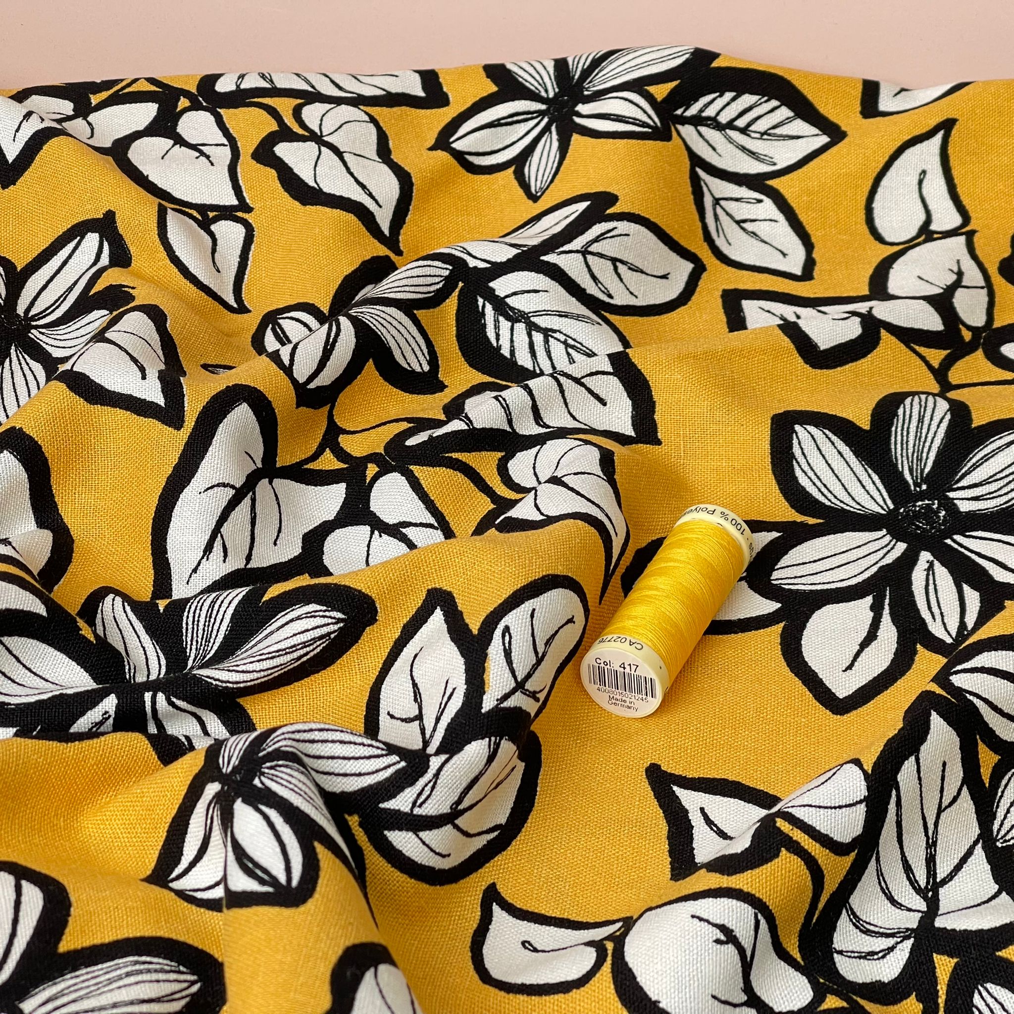 Monochrome Flowers on Mustard Viscose Linen Fabric